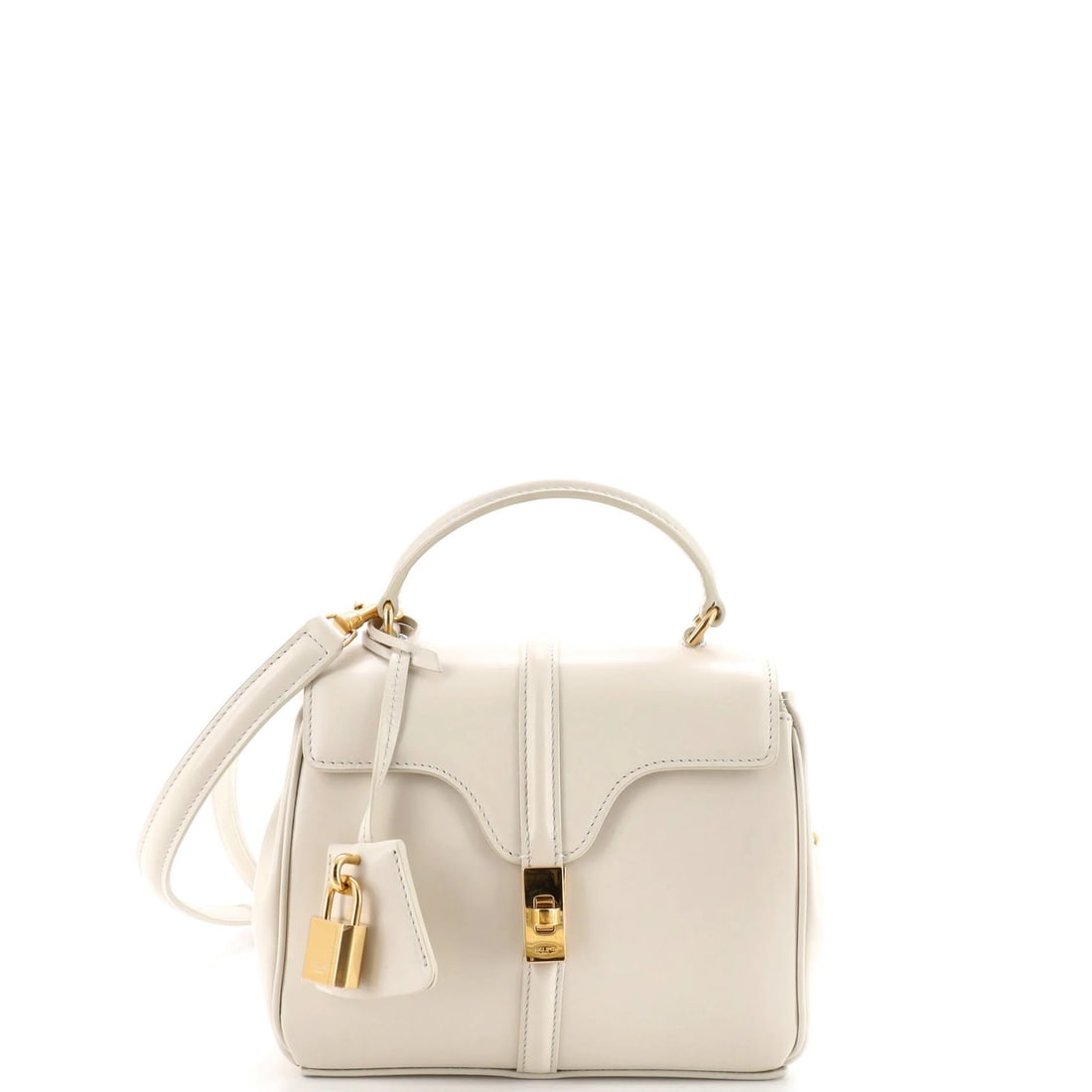 Calfskin Smooth Mini Top 16 Handle Bag: Calfskin Smooth Mini Top 16 Handle Bag Smooth Calfskin Mini Top Handle Bag with Neutral Exterior, featuring gold hardware and interior. This mini top handle bag boasts a sleek design with minor