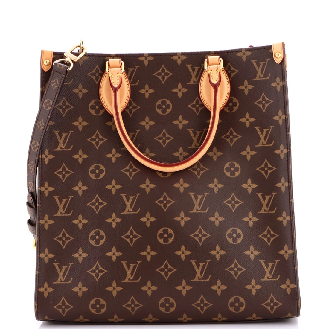 Monogram Canvas Sac Louis Vuitton Bag Plat NM PM: Monogram Canvas Sac Louis Vuitton Bag Plat NM PM Brown Louis Vuitton Sac Plat NM PM Monogram Canvas Shoulder Bag with Gold Hardware and Red Interior. This great condition, pre-owned Sac Plat bag