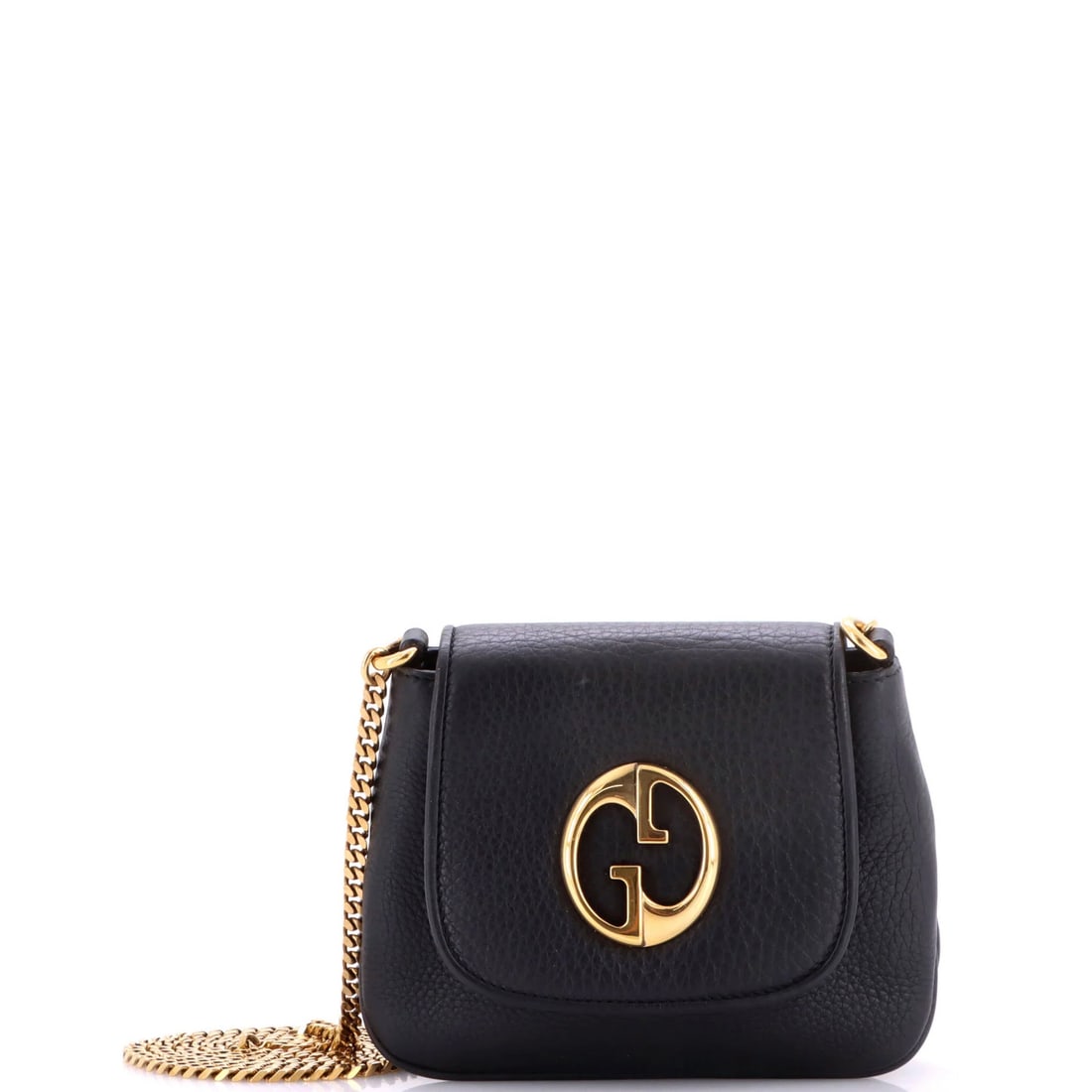 Chain Bag Gucci Leather Small 1973: Chain Bag Gucci Leather Small 1973 Small 1973 Chain Shoulder Bag in Black Leather, featuring a classic Gucci design with minor creases on the exterior and minor scuffs on the interior. The bag's gold 