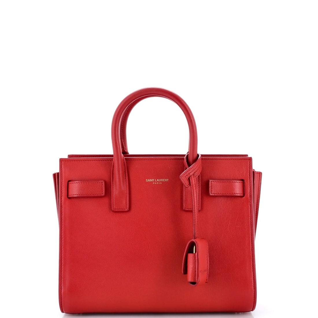 Leather bag nano sac de jour saint laurent: Leather bag nano sac de jour saint laurent Red Saint Laurent leather nano sac de jour bag with gold hardware, featuring a touch-up on wax edges and minor scuffs. The bag measures 7" tall, 8.5" wide,