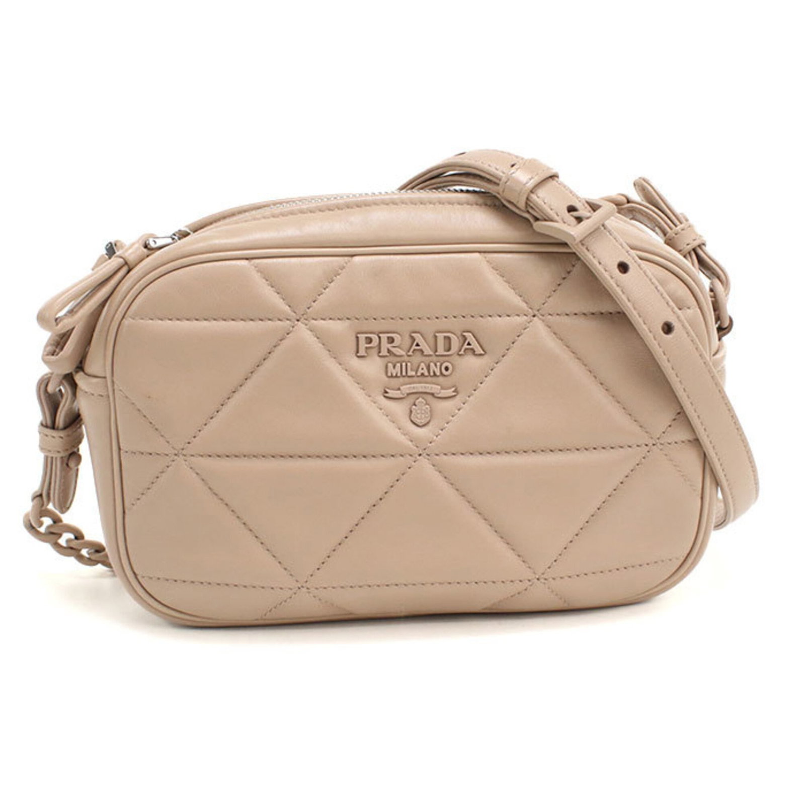 Shoulder Bag Leather by Prada: Shoulder Bag Leather by Prada Prada's shoulder bag is crafted from high-quality leather, available in pink. The silver hardware adds a touch of sophistication to this stylish design. Measuring 13.5cm 
