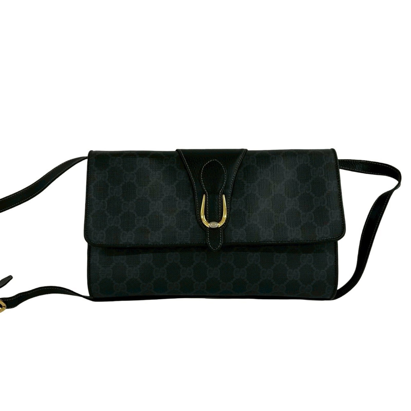 Pochette Shoulder Leather Gucci Bag: Pochette Shoulder Leather Gucci Bag Black Pochette Shoulder Bag with PVC and Leather Construction, Measuring 18cm x 27.5cm x 4.5cm. This Gucci bag features a unique combination of PVC and leather