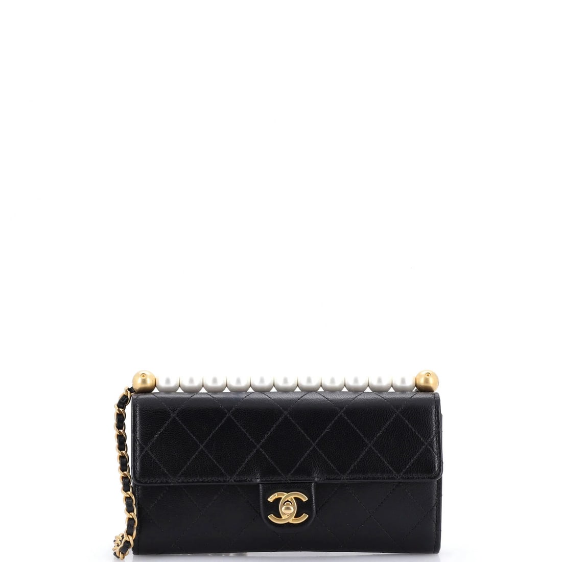 Goatskin Quilted Chain Clutch Pearls Chic: Goatskin Quilted Chain Clutch Pearls Chic Black quilted goatskin exterior, chain strap and gold hardware define the Chic Pearls Clutch with Chain. This cross body bag features a compact design with a 