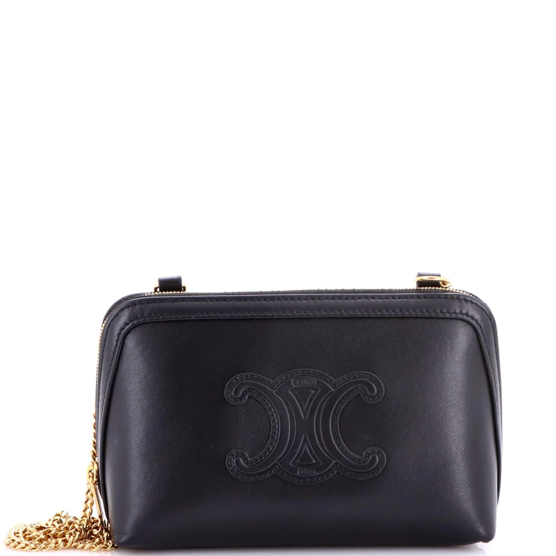 Triomphe Celine Clutch Chain Leather Zip Cuir Around: Triomphe Celine Clutch Chain Leather Zip Cuir Around The Celine Triomphe Clutch Chain Leather Zip Cuir Around features a sleek black leather exterior with gold hardware, showcasing a classic cross