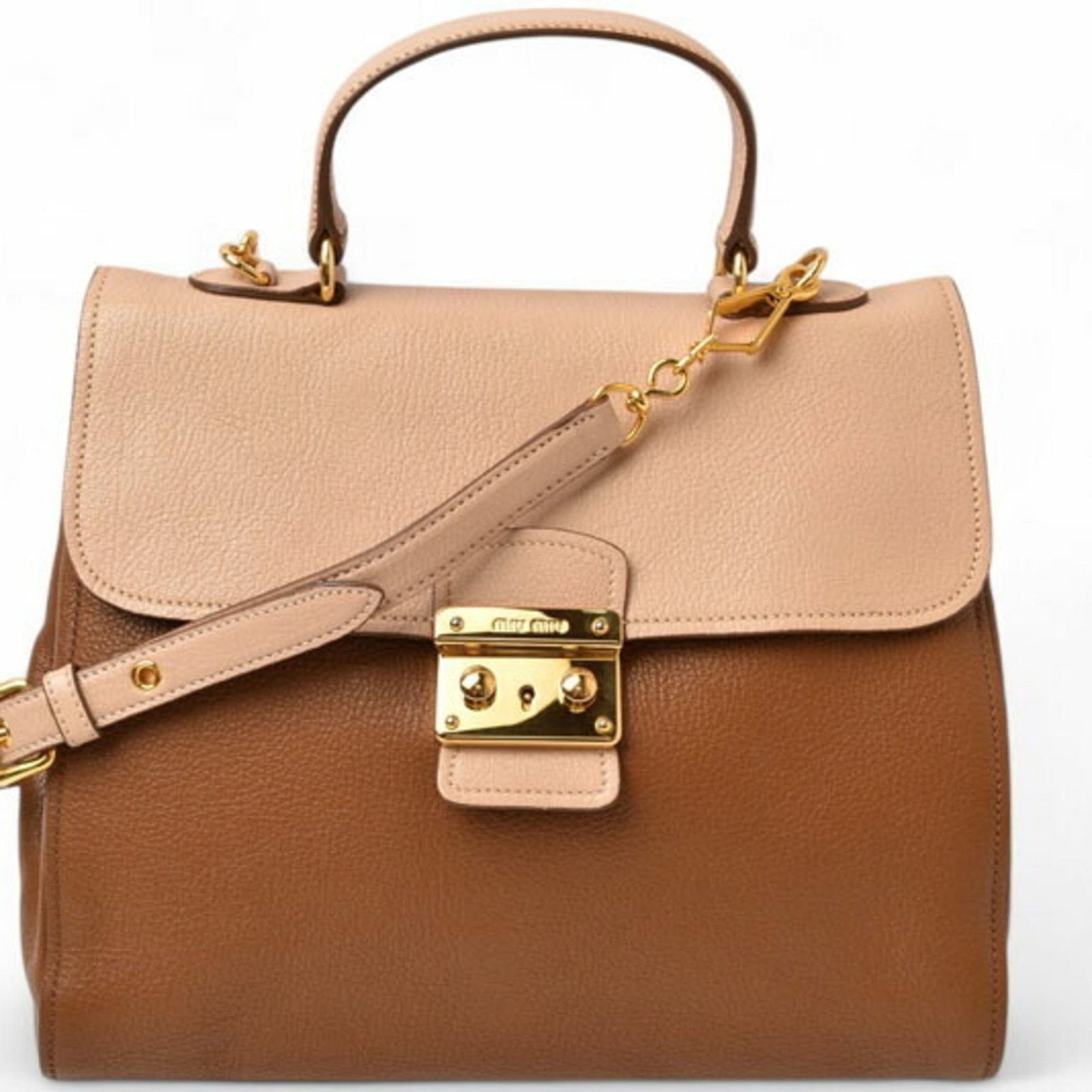 Miu Handbag Shoulder Bag Leather: Miu Handbag Shoulder Bag Leather Item Specifics: Brand: Miu Miu Country of Origin: Italy Type: Handbag, Shoulder bag Material: Leather Color: Brown Hardware Color: Gold Closure: Turn lock Inner