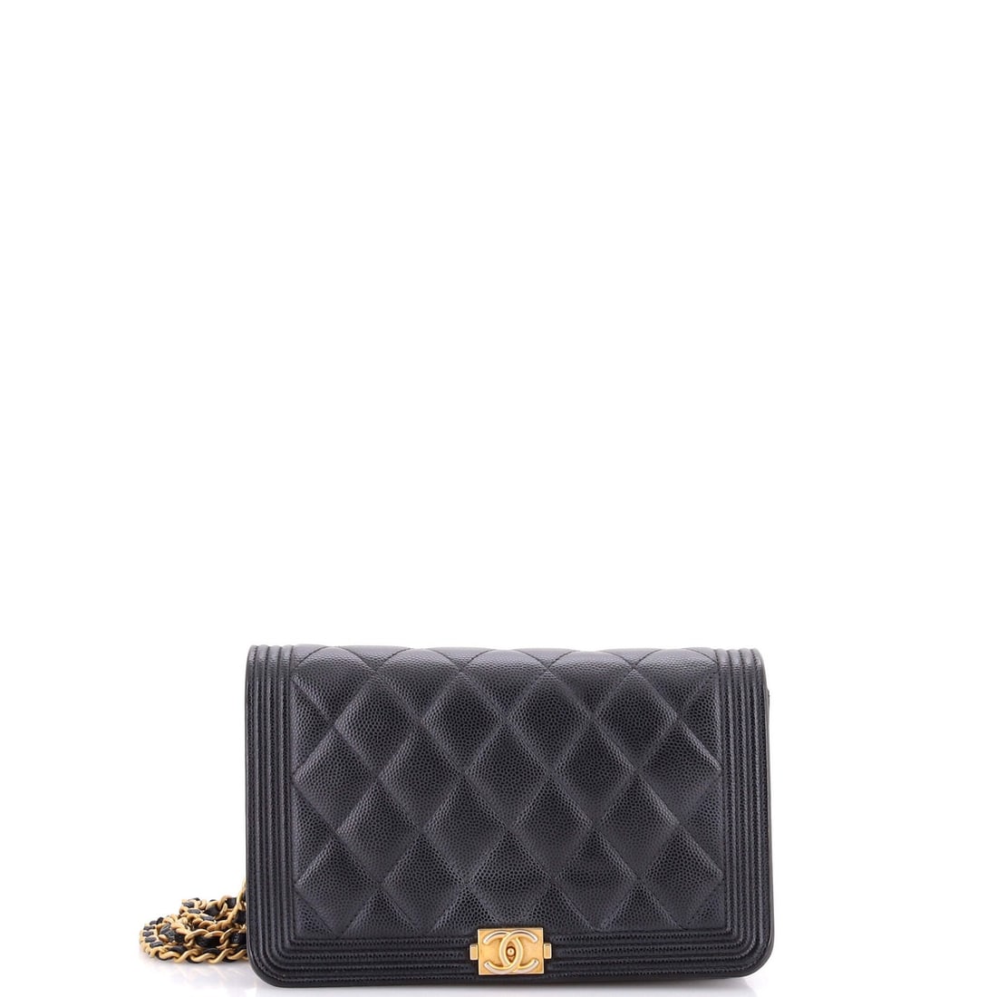 Quilted Caviar Boy Chanel Wallet Chain: Quilted Caviar Boy Chanel Wallet Chain The Quilted Caviar Boy Chanel Wallet Chain boasts a striking black exterior with quilted details, adding a touch of sophistication to any outfit. Measuring 5"