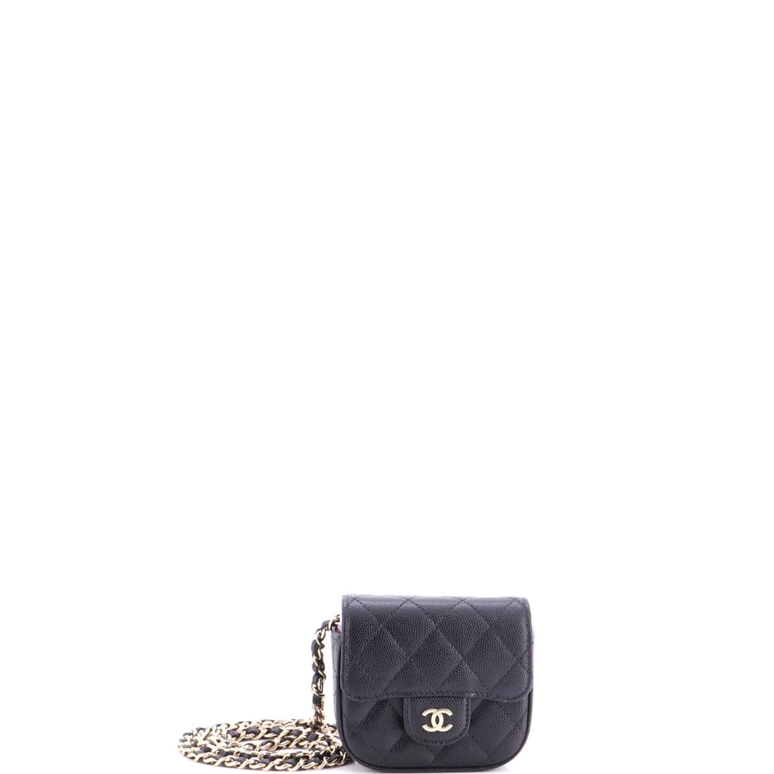 Classic Square Flap Clutch with Quilted Caviar Chain Mini Chanel: Classic Square Flap Clutch with Quilted Caviar Chain Mini Chanel Black leather mini clutch with quilted caviar chain, a classic square flap design. This compact and stylish accessory features a sleek 