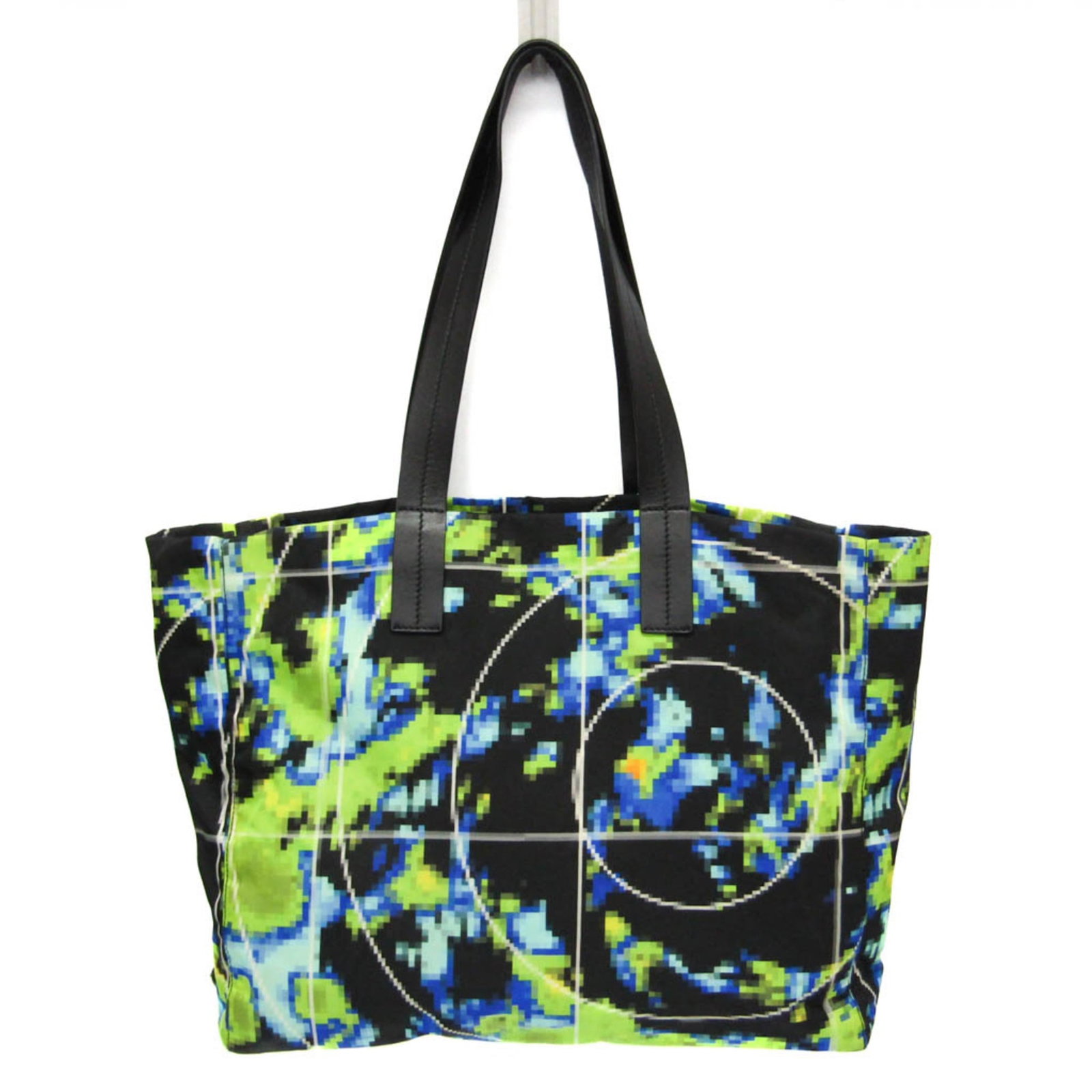 Nylon leather Prada tote bag: Nylon leather Prada tote bag Nylon leather Prada tote bag in black, blue, or light green. Features an open design with a zipper pocket and a signature Tessuto Triangle logo on top. Measuring 30cm x