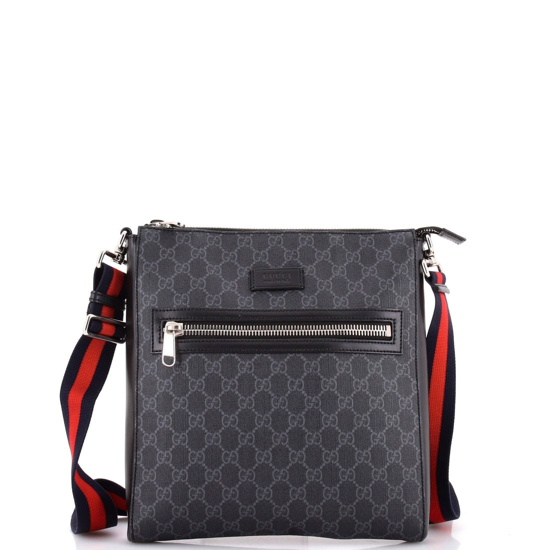 Web strap messenger bag medium canvas GG coated front with zip: Web strap messenger bag medium canvas GG coated front with zip This medium canvas messenger bag features a GG coated front with a zip closure, perfect for carrying essentials in style. Measuring 11"