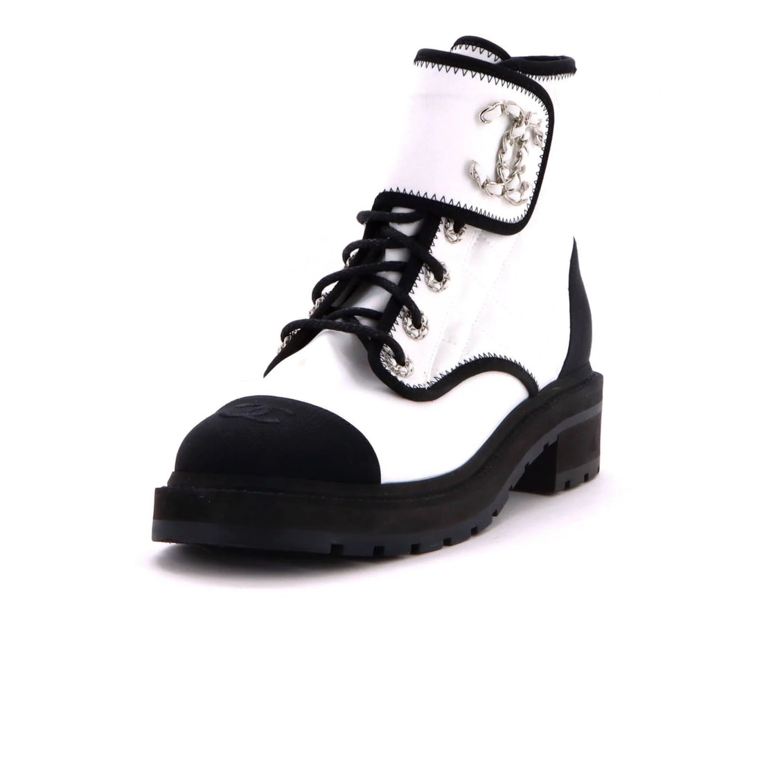 Chain Quilted Fabric Boots Lace Up Toe Cap Combat Women's Chanel: Chain Quilted Fabric Boots Lace Up Toe Cap Combat Women's Chanel Chain quilted fabric and grosgrain exterior make these combat boots a stylish statement. With a lace-up toe cap and quilted details,