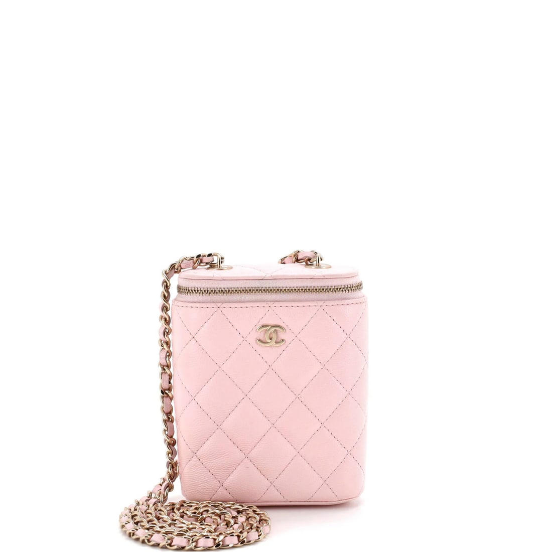 Classic Chanel Quilted Vanity Case with Chain Small Caviar Vertical: Classic Chanel Quilted Vanity Case with Chain Small Caviar Vertical Pink leather exterior, quilted caviar design, and gold tone hardware make this Classic Chanel small vanity case stand out. The