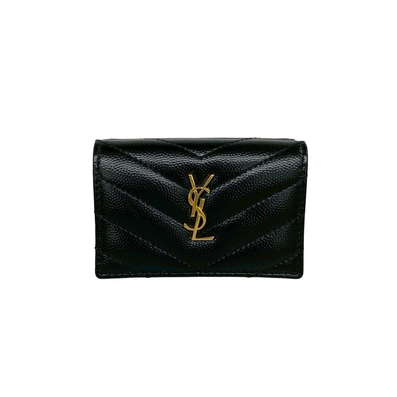 Yves Saint Laurent Wallet (Tri-Fold) Leather: Yves Saint Laurent Wallet (Tri-Fold) Leather The tri-fold leather wallet from Yves Saint Laurent boasts sleek black design, measuring 7cm x 9.5cm x 3.5cm. Made from high-quality leather, its classic