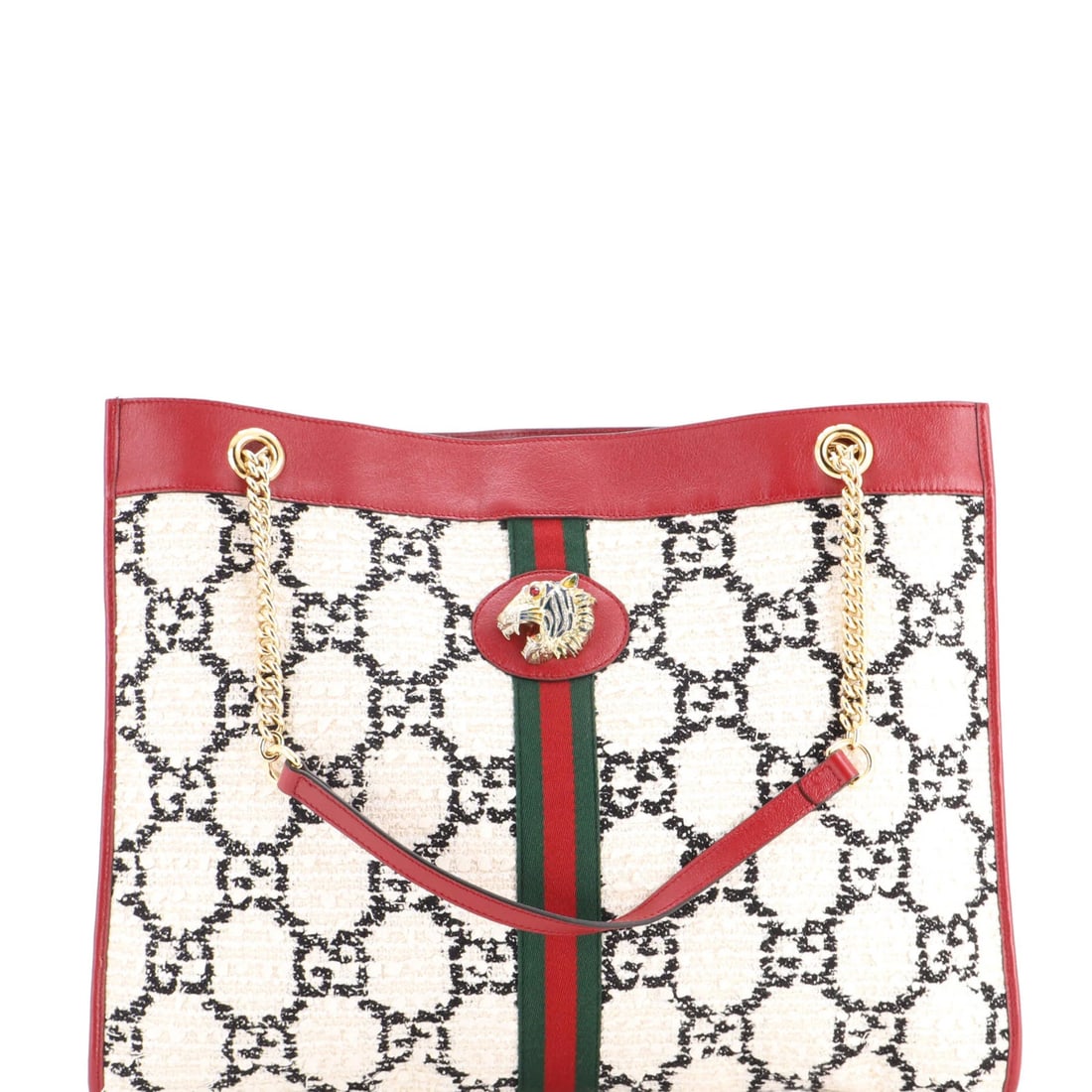 Chain tote Large Gucci Rajah Tweed GG: Chain tote Large Gucci Rajah Tweed GG Tweed exterior and multicolor, red accents make the Rajah Chain Tote GG Large from Gucci stand out. This large tote features a chain-link strap and measures 14"