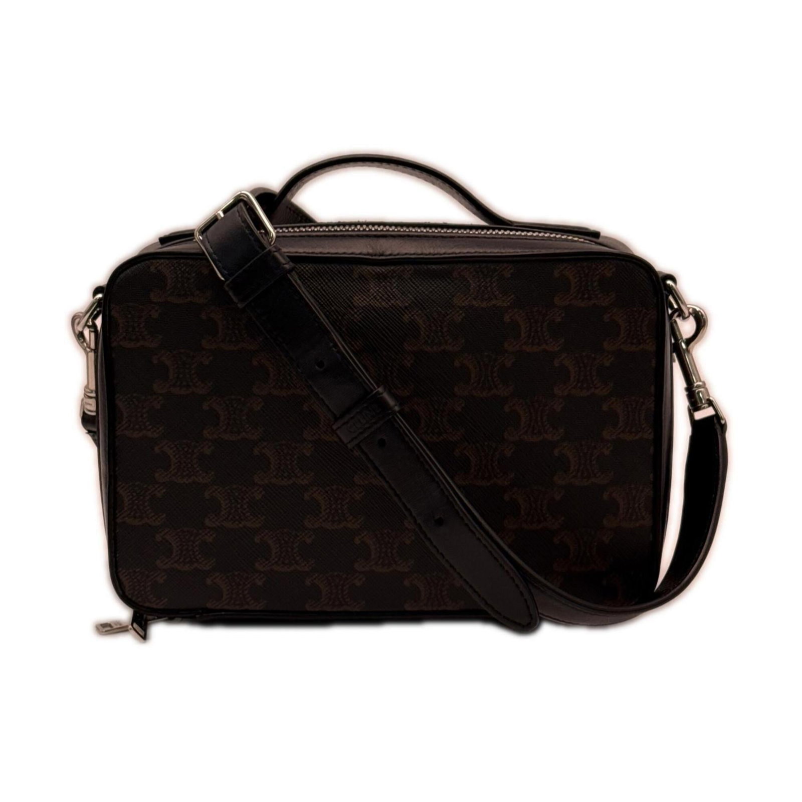 Canvas coated leather Celine shoulder bag: Canvas coated leather Celine shoulder bag Coated canvas and leather combine in sleek, modern design. The black or brown Celine shoulder bag features a zipper closure and adjustable strap for a versati