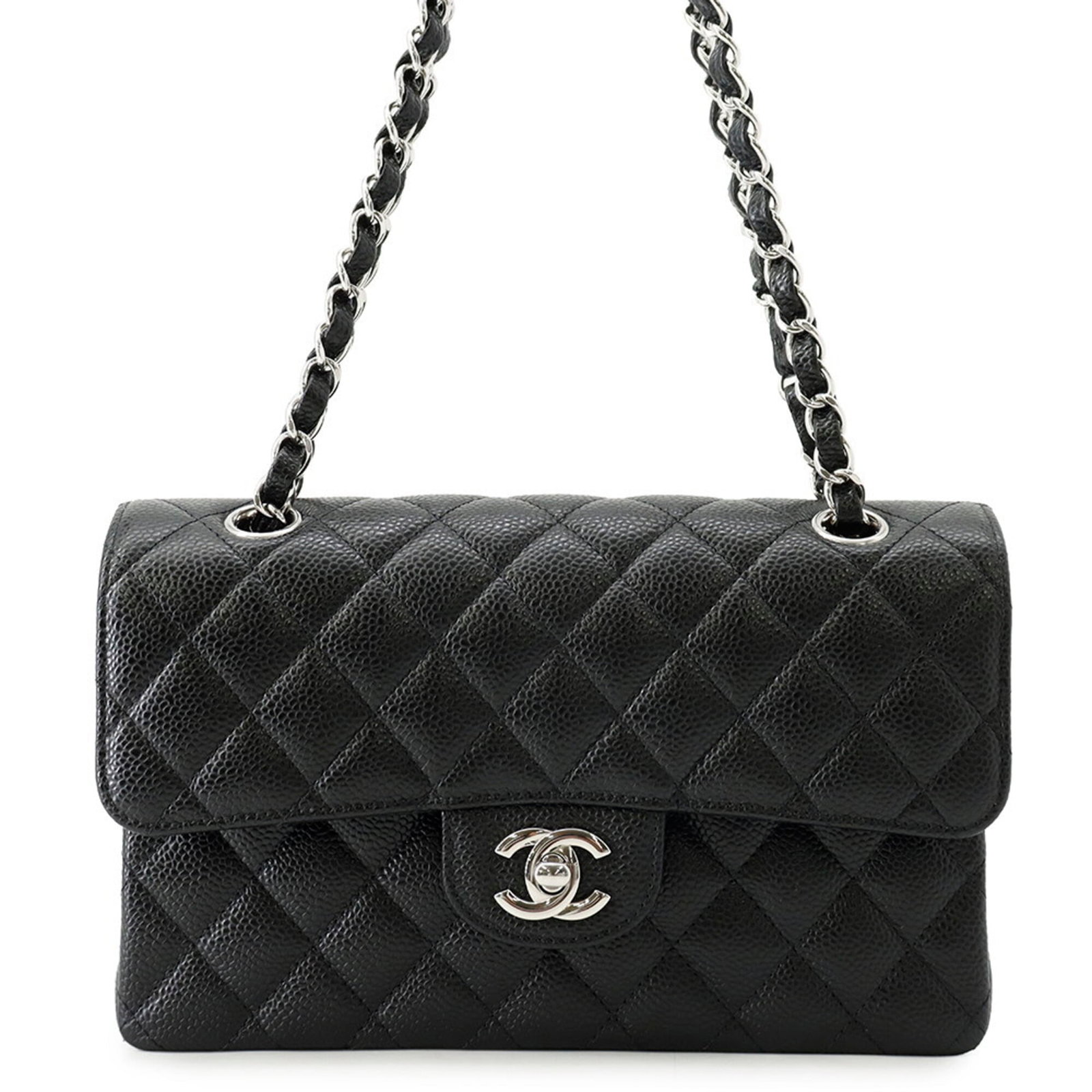 Calfskin handbag bag shoulder Chanel: Calfskin handbag bag shoulder Chanel Calfskin handbag bag shoulder Chanel features a classic design with a black grained Calfskin material, measuring 14cm x 22.5cm x 7cm in size. Brought to you from F