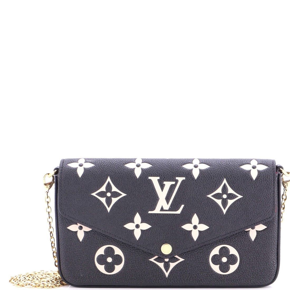 Louis Vuitton Felicie Pochette Bicolor Monogram Empreinte Giant: Louis Vuitton Felicie Pochette Bicolor Monogram Empreinte Giant The Louis Vuitton Felicie Pochette Bicolor Monogram Empreinte Giant cross body bag boasts a striking black exterior with the iconic