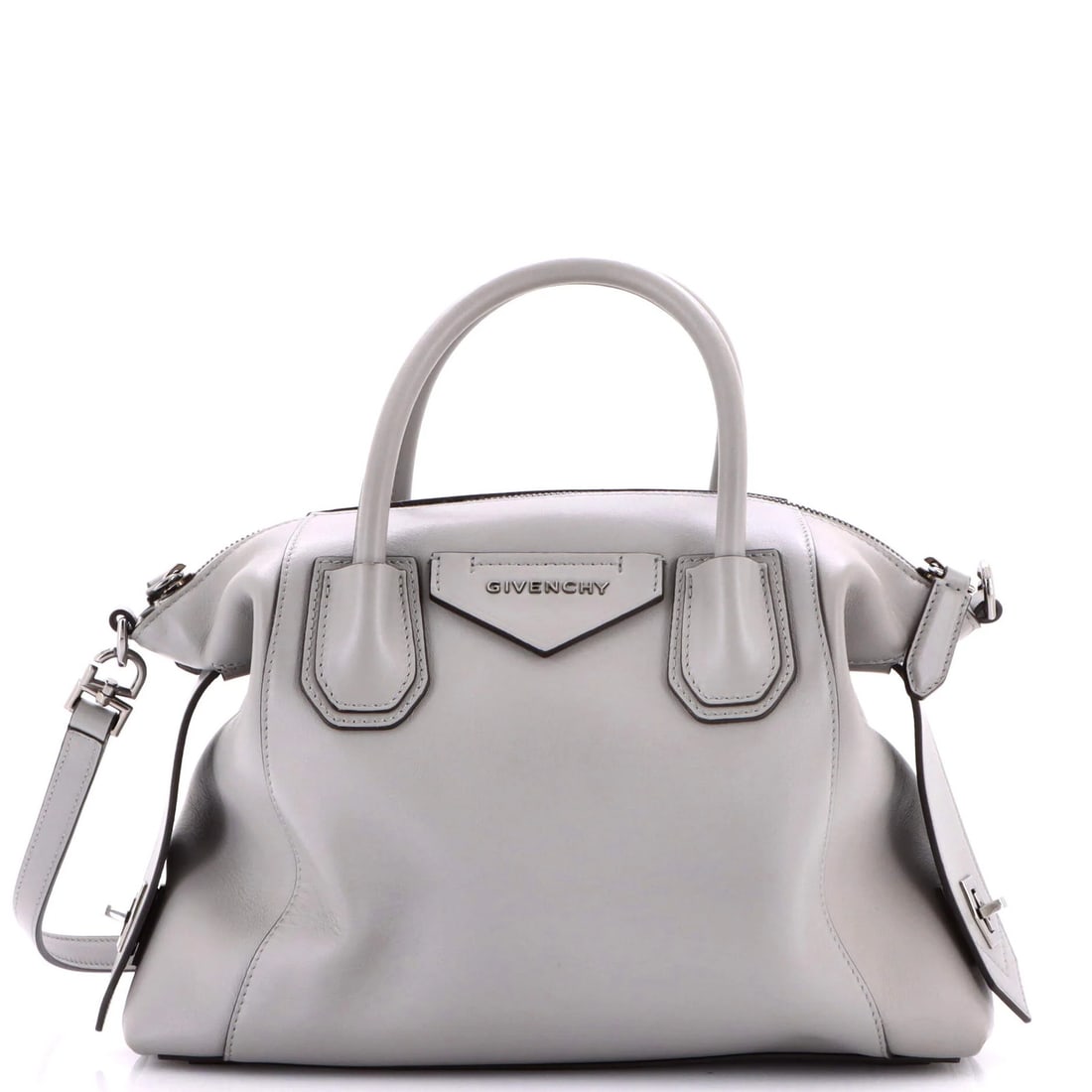 Soft bag leather small givenchy antigona: Soft bag leather small givenchy antigona Soft and sophisticated, the Givenchy Antigona small satchel boasts a timeless gray leather exterior with clean lines and classic design. Measuring 10" in
