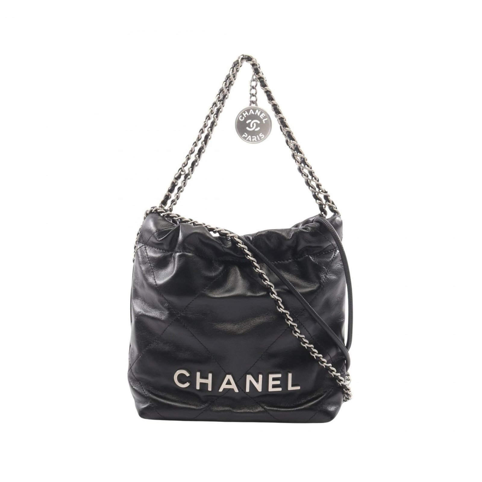 Chanel Handbag Shoulder Bag Leather: Chanel Handbag Shoulder Bag Leather Black leather Chanel shoulder bag with classic design, measuring 19cm x 17.5cm x 6cm in size. This stylish handbag features a timeless look and sleek silhouette,