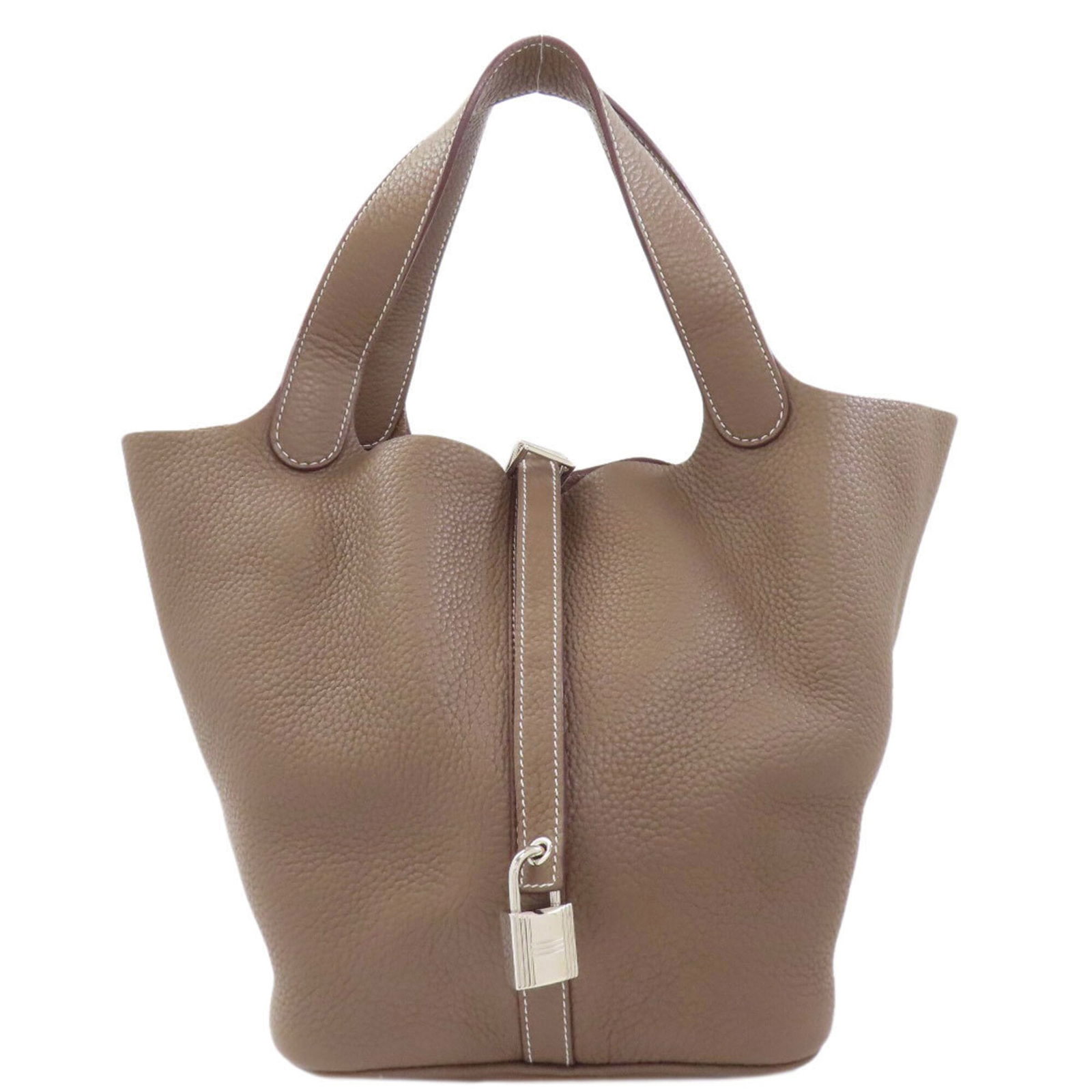 Handbag by Hermes: Handbag by Hermes Etoupe gray, the understated elegance of Hermes' Picotin handbag stands out with its sleek design and classic style. Measuring 22cm x 18cm x 22cm, this compact bag features a belt cl