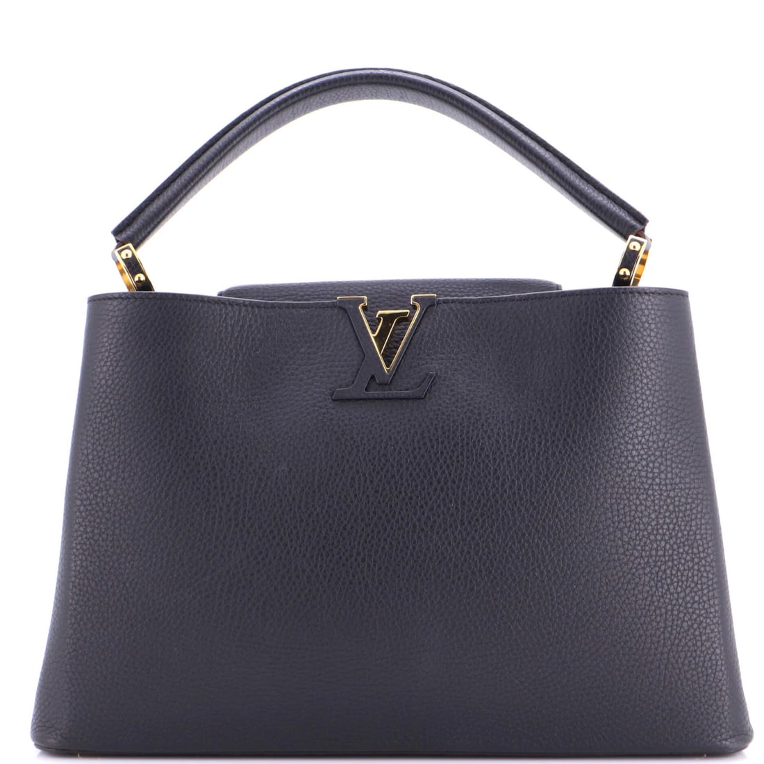 Louis Vuitton Capucines Bag Leather GM: Louis Vuitton Capucines Bag Leather GM Black Louis Vuitton Capucines Bag Leather GM features scuffs, edge wear, corner wear, and minor creases on the exterior. The interior boasts a pink leather