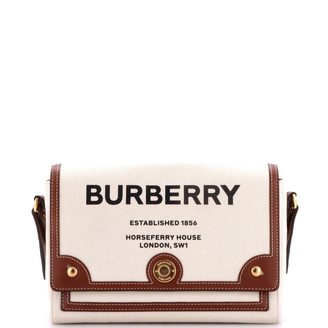 Canvas bag with leather medium crossbody note from Burberry: Canvas bag with leather medium crossbody note from Burberry Canvas bag with leather medium crossbody note from Burberry, featuring neutral exterior and interior colors, gold hardware, and minor