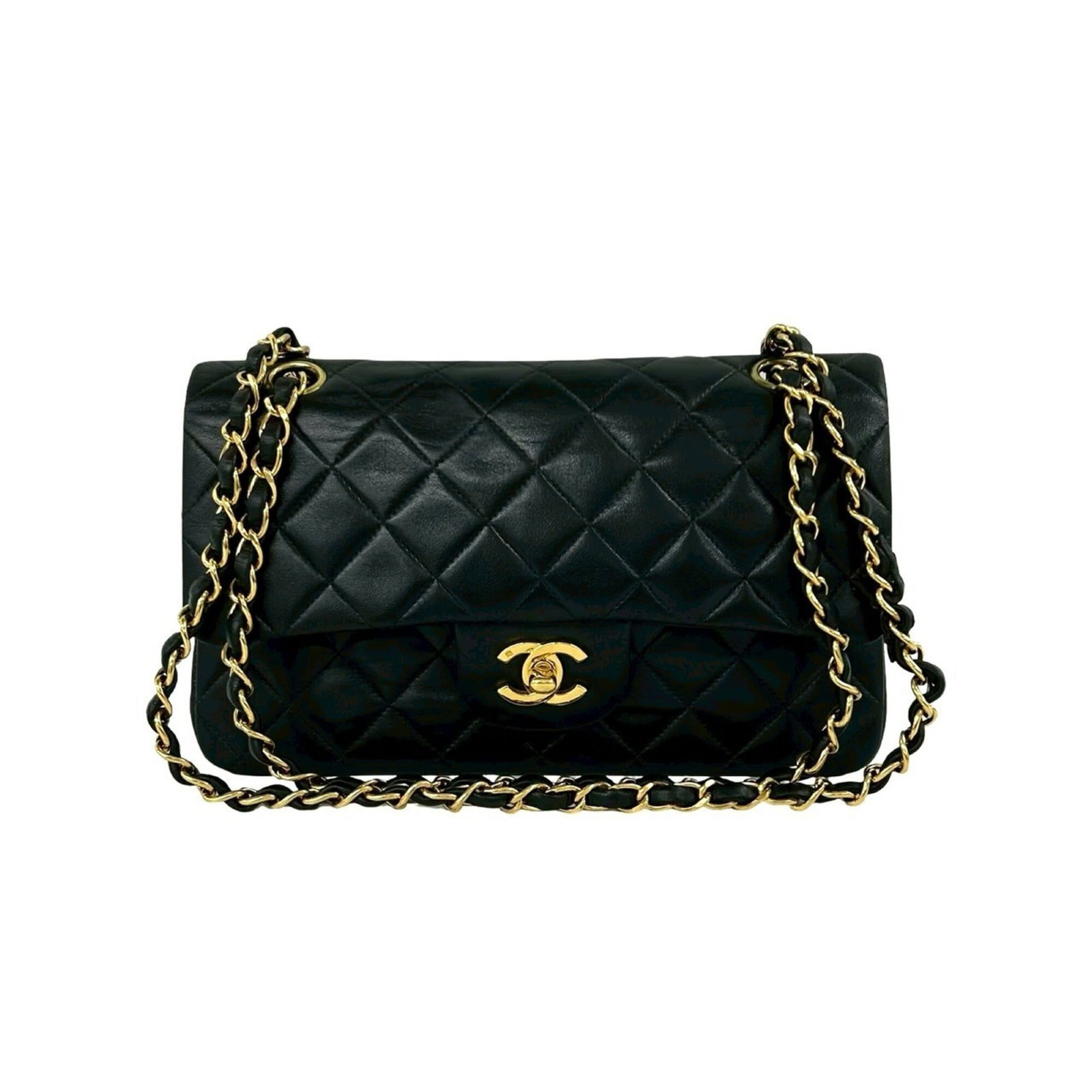 Shoulder Bag Leather Chanel: Shoulder Bag Leather Chanel Black lambskin shoulder bag from Chanel, measuring 14cm x 23cm x 6.5cm. This leather bag features a classic design and premium materials. A stylish accessory for everyday u