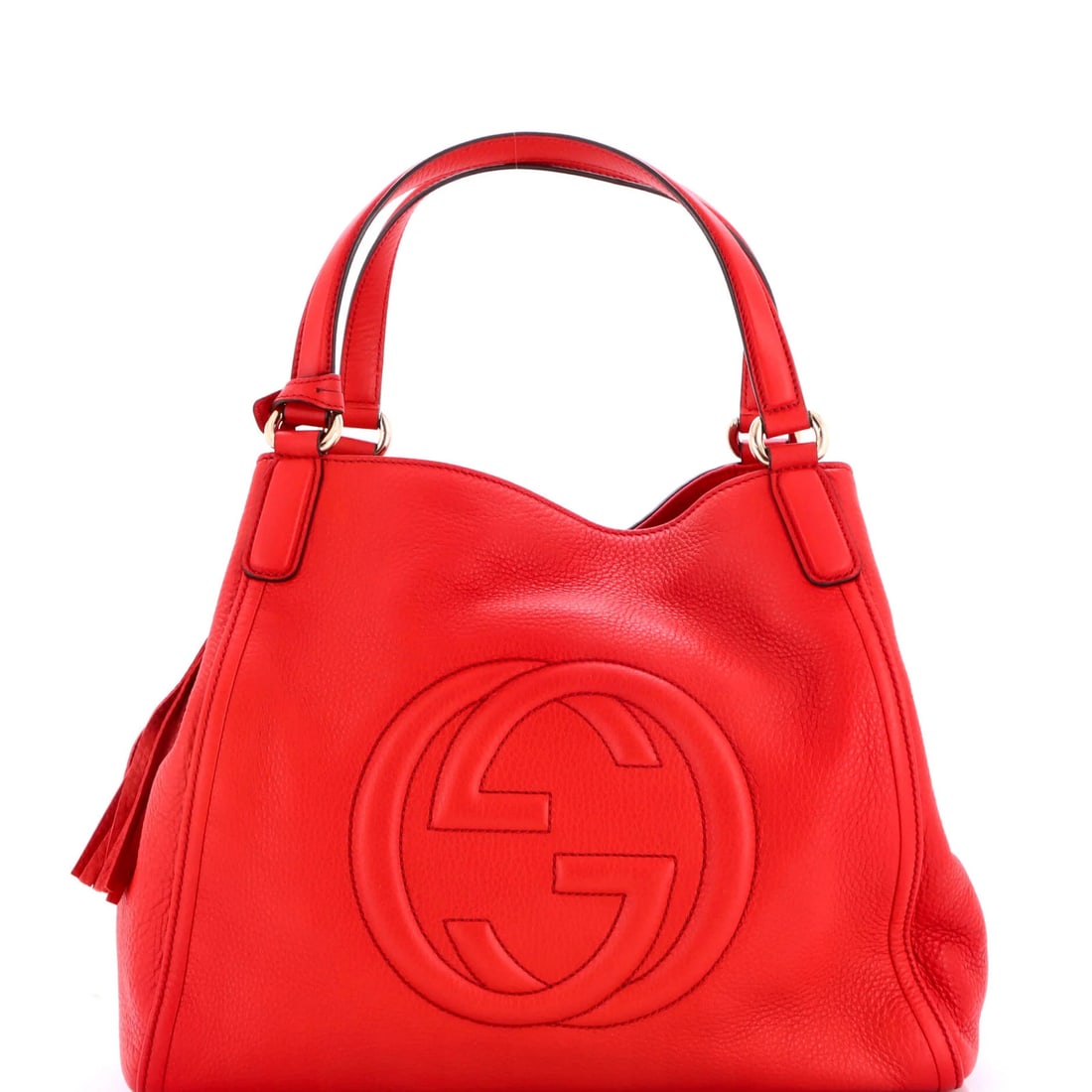 Gucci Soho Medium Leather Bag: Gucci Soho Medium Leather Bag Red Gucci Soho Medium Leather Shoulder Bag with Gold Tone Hardware, featuring minor creases and scuffs on exterior and interior. Measures 6" handle drop, 11" height, 13.5