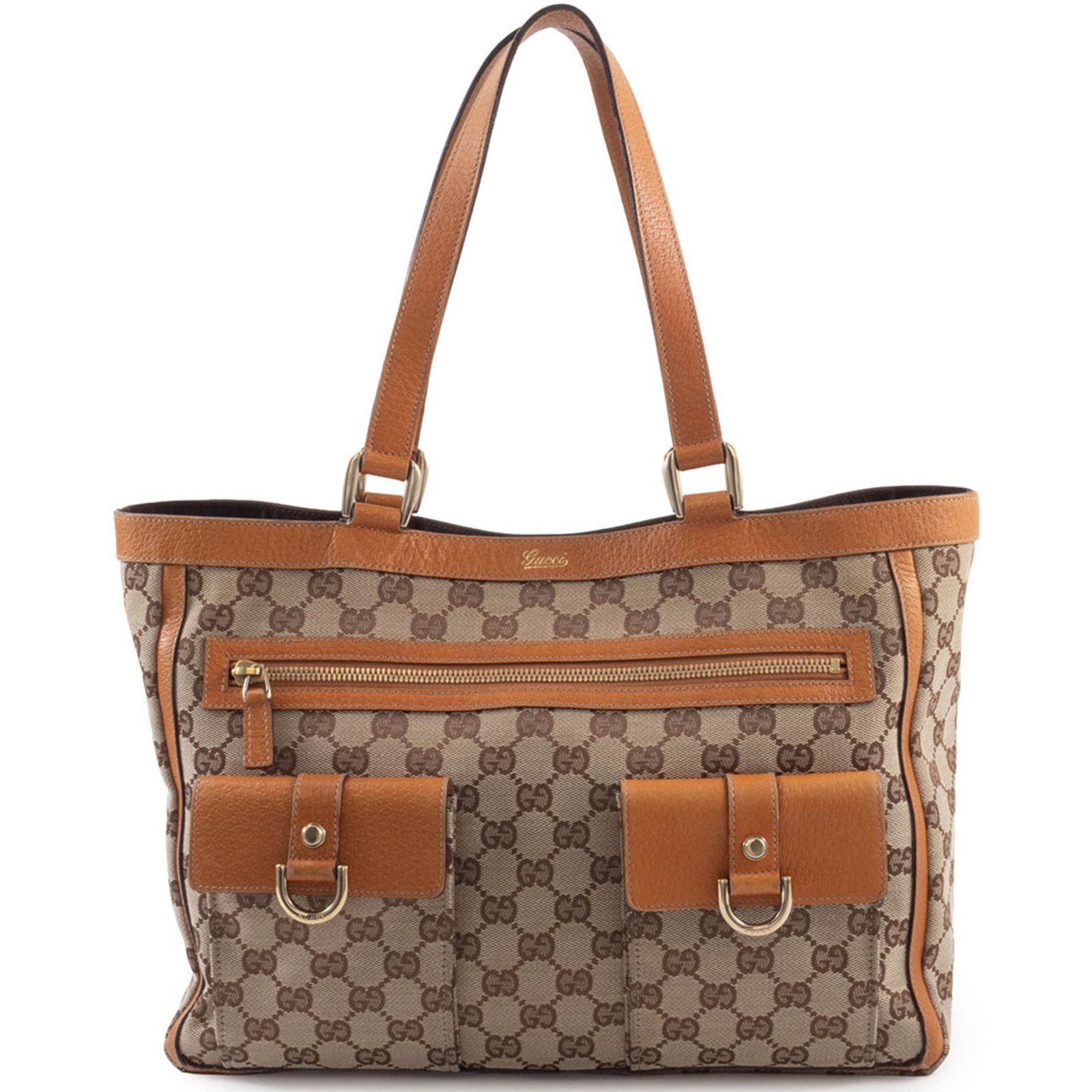 Canvas Leather bag Gucci Tote: Canvas Leather bag Gucci Tote GG canvas and leather come together in this classic Gucci tote, featuring a timeless beige brown color. With its spacious interior and sturdy handle, this bag is designed
