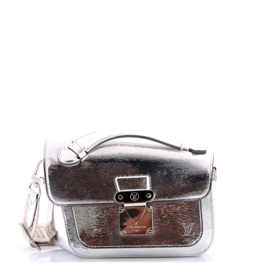 Distorted Monceau Leather Epi Louis Vuitton Bag: Distorted Monceau Leather Epi Louis Vuitton Bag The Distorted Monceau Leather Epi Louis Vuitton Bag features a unique silver exterior with scuffs, edge wear, and minor creases. The bag's interior