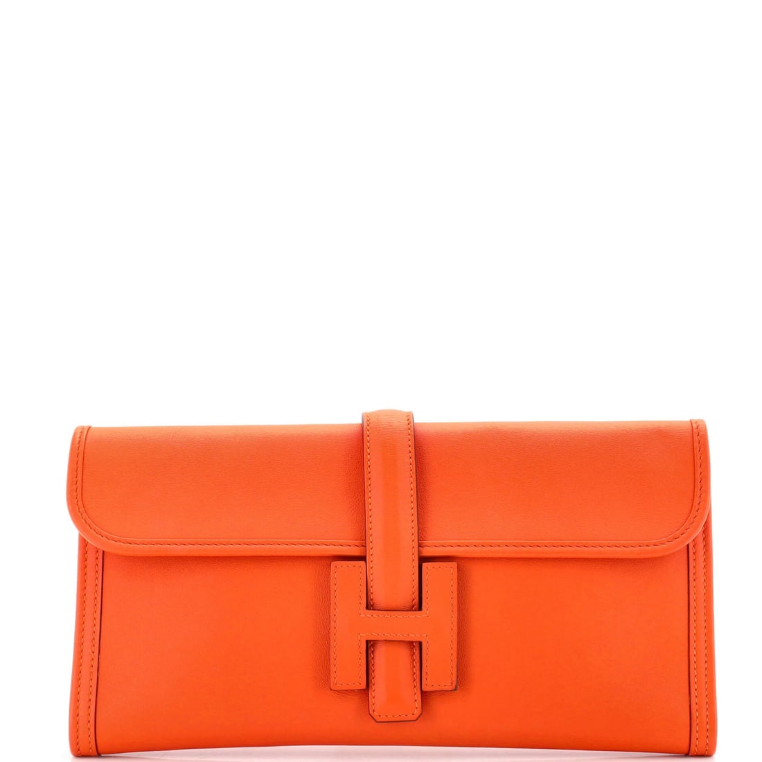 Jige Elan Hermes Swift Clutch: Jige Elan Hermes Swift Clutch The Jige Elan Hermes Swift Clutch boasts an eye-catching orange exterior, complemented by matching interior leather. Measuring 6" in height and 11" in width, this