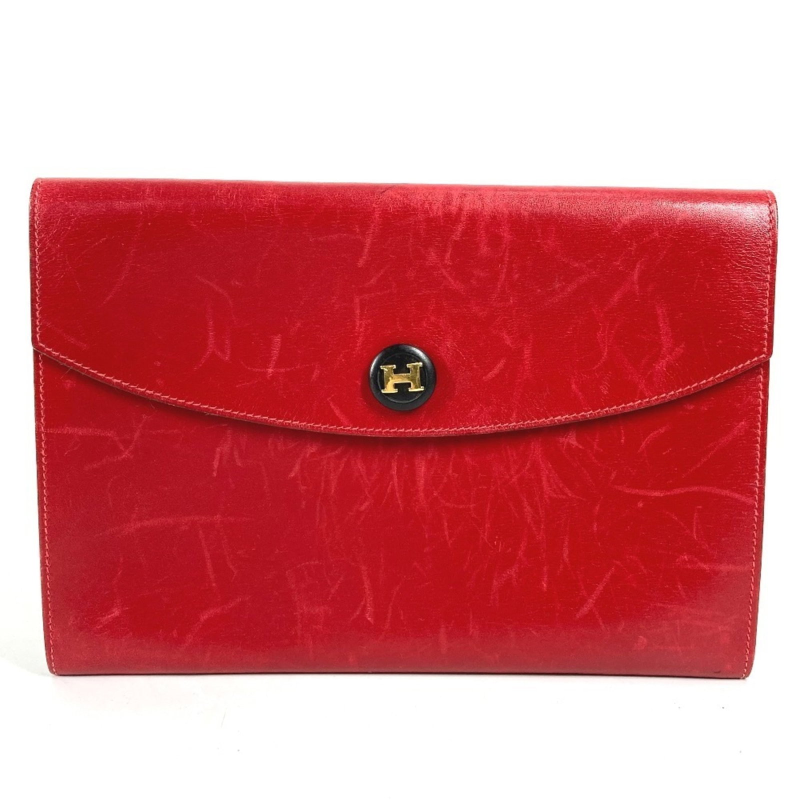 Hermes Clutch Bag Pochette Pouch Leather: Hermes Clutch Bag Pochette Pouch Leather Red leather pochette pouch from Hermes, measuring 16cm x 23.5cm, with classic French design and signature on the interior. Made from high-quality leather,