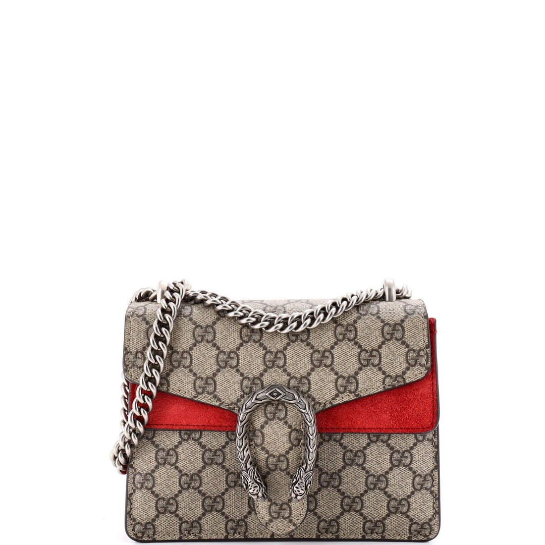 Gucci Dionysus Bag GG Coated Canvas Mini: Gucci Dionysus Bag GG Coated Canvas Mini Red Gucci Dionysus Bag GG Coated Canvas Mini, featuring cross body design with scuffs and discoloration on exterior. The interior boasts suede material with