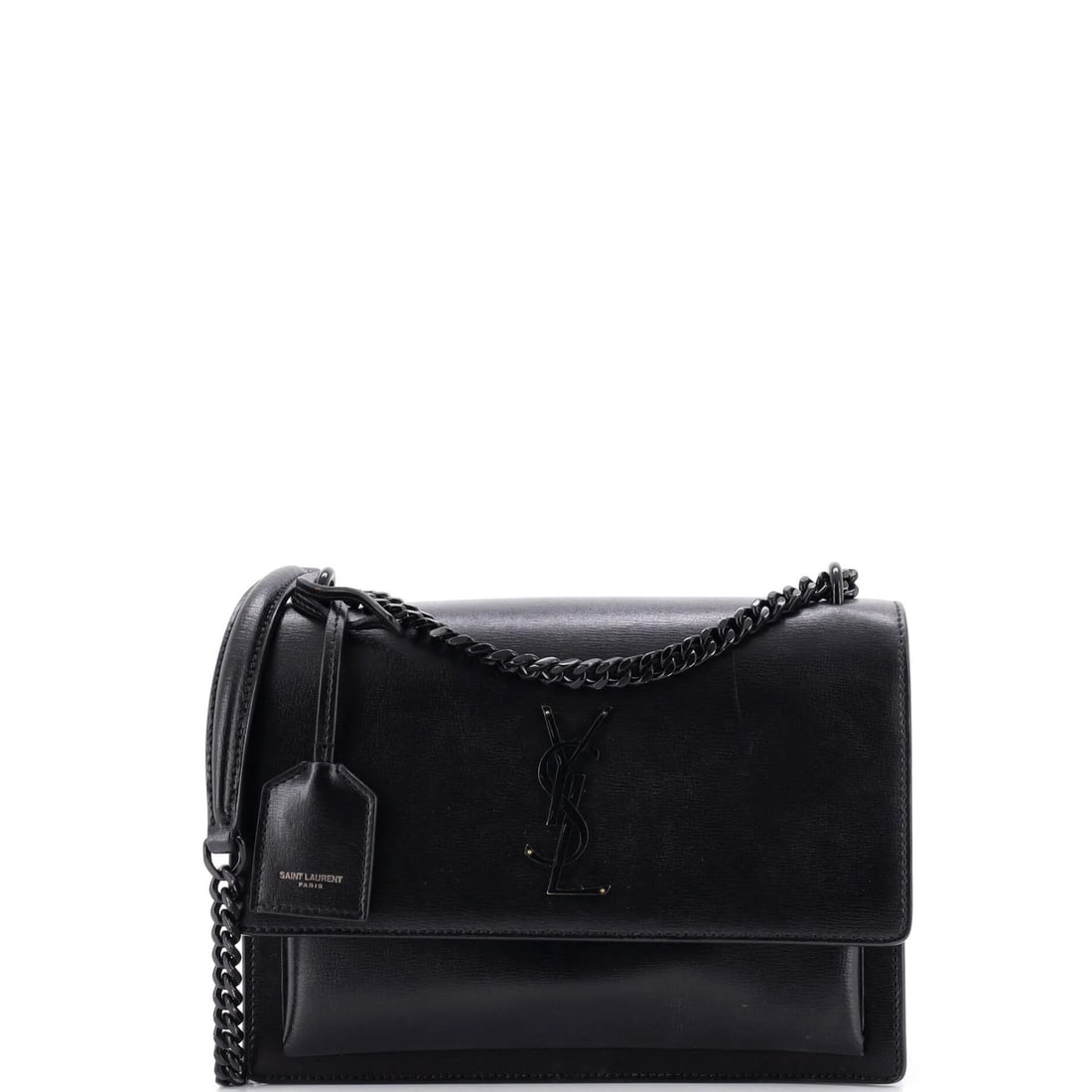 Laurent Saint Medium Leather Crossbody Sunset Bag: Laurent Saint Medium Leather Crossbody Sunset Bag The Laurent Saint Medium Leather Crossbody Sunset Bag boasts sleek black leather exterior with subtle edge wear and scuffs, adding to its unique chara