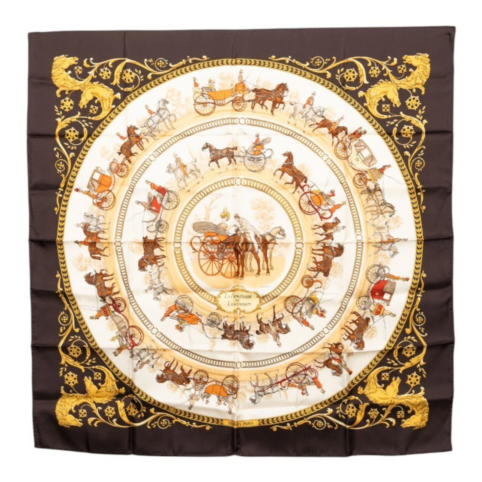Hermes Silk Scarf: Hermes Silk Scarf This exquisite Hermes Silk Scarf boasts a rich, multi-colored design in brown hues. Made from luxurious silk, its elegant size and intricate pattern make it a stunning accessory for
