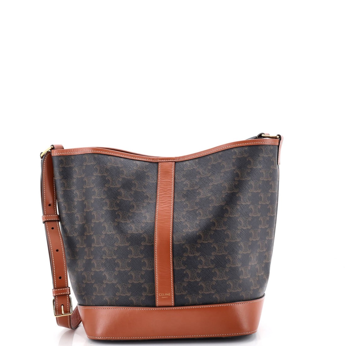 Triomphe coated canvas medium bag Bucket: Triomphe coated canvas medium bag Bucket Brown Triomphe Coated Canvas Medium Bucket Bag with Gold Hardware, featuring minor scuffs and creases on the exterior and interior, and a sturdy gold-toned buc