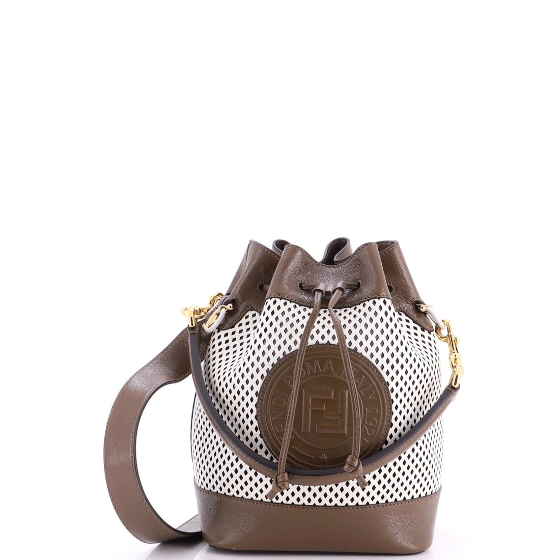 Perforated leather bucket bag small from Fendi Mon Tresor: Perforated leather bucket bag small from Fendi Mon Tresor Small, perforated leather bucket bag from Fendi's Mon Tresor collection. With its classic design and gold hardware, this brown leather tote