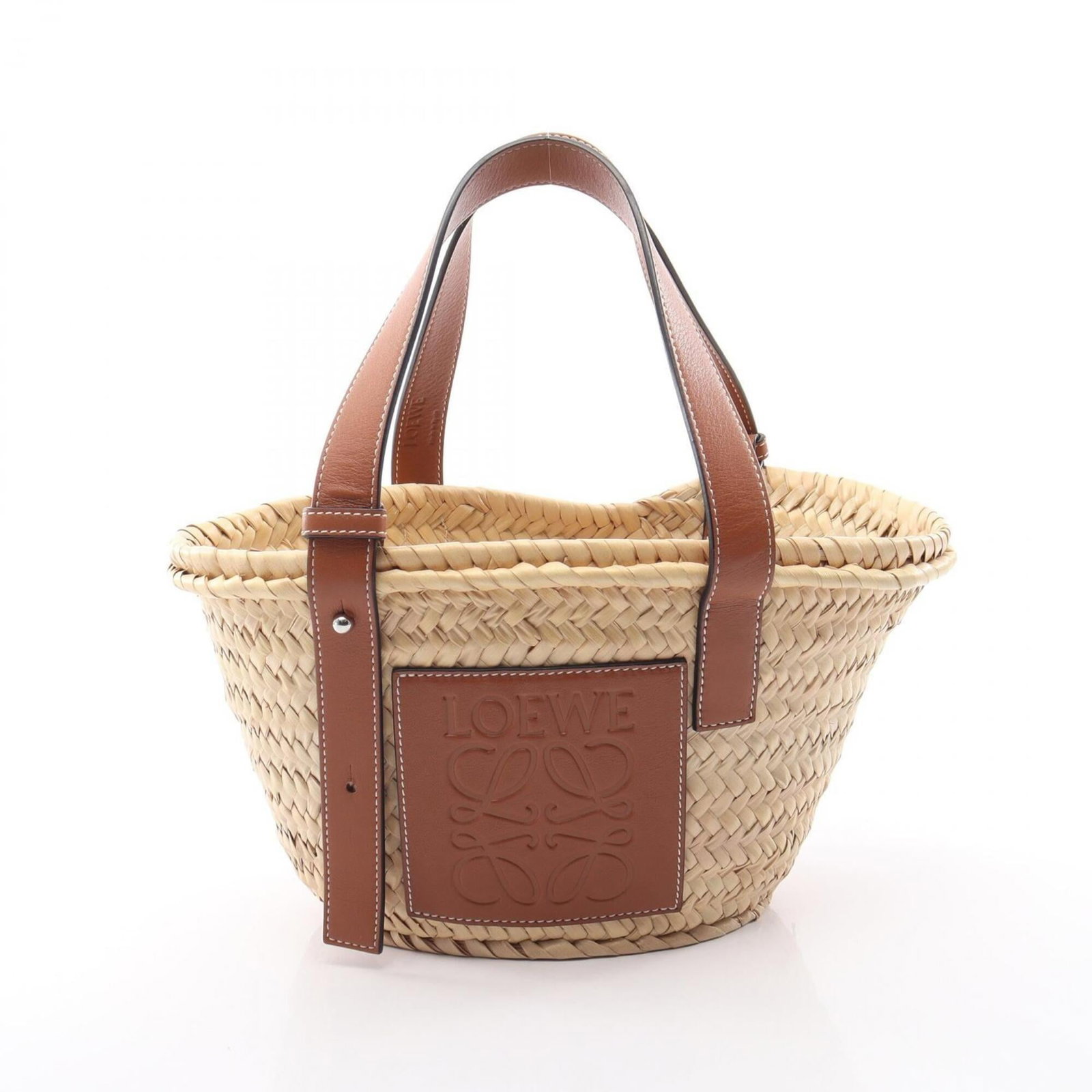 Raffia Leather Loewe Basket Handbag: Raffia Leather Loewe Basket Handbag Raffia and leather come together in a unique blend for this Beige/Brown Loewe basket handbag, measuring 17.5cm x 19cm x 12cm. The raffia material adds an organic