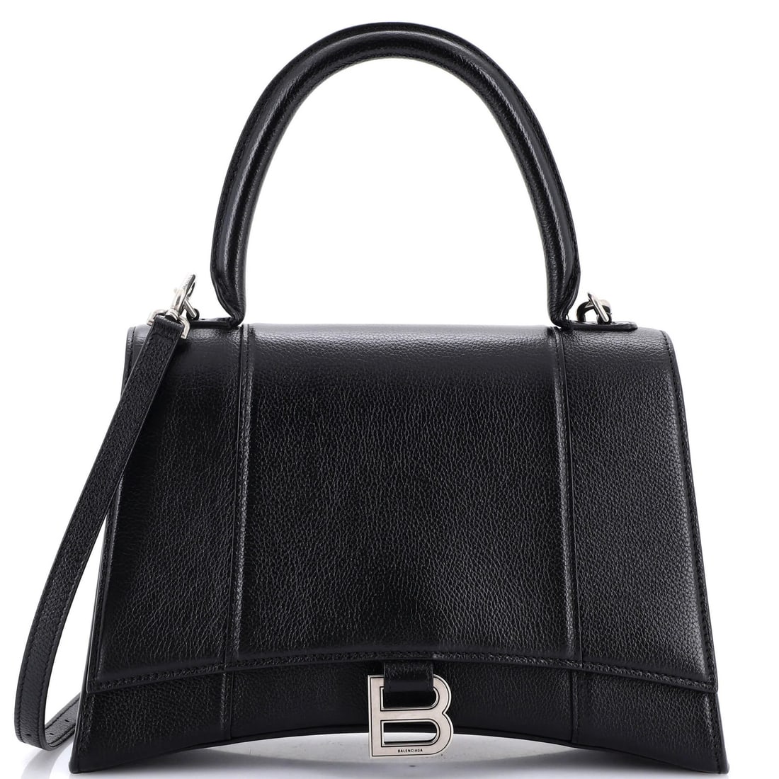 Balenciaga Hourglass Top Handle Bag Leather Medium: Balenciaga Hourglass Top Handle Bag Leather Medium Black leather medium Balenciaga Hourglass Top Handle Bag with minor corner wear and creases, featuring aged silver hardware. The bag measures 7"
