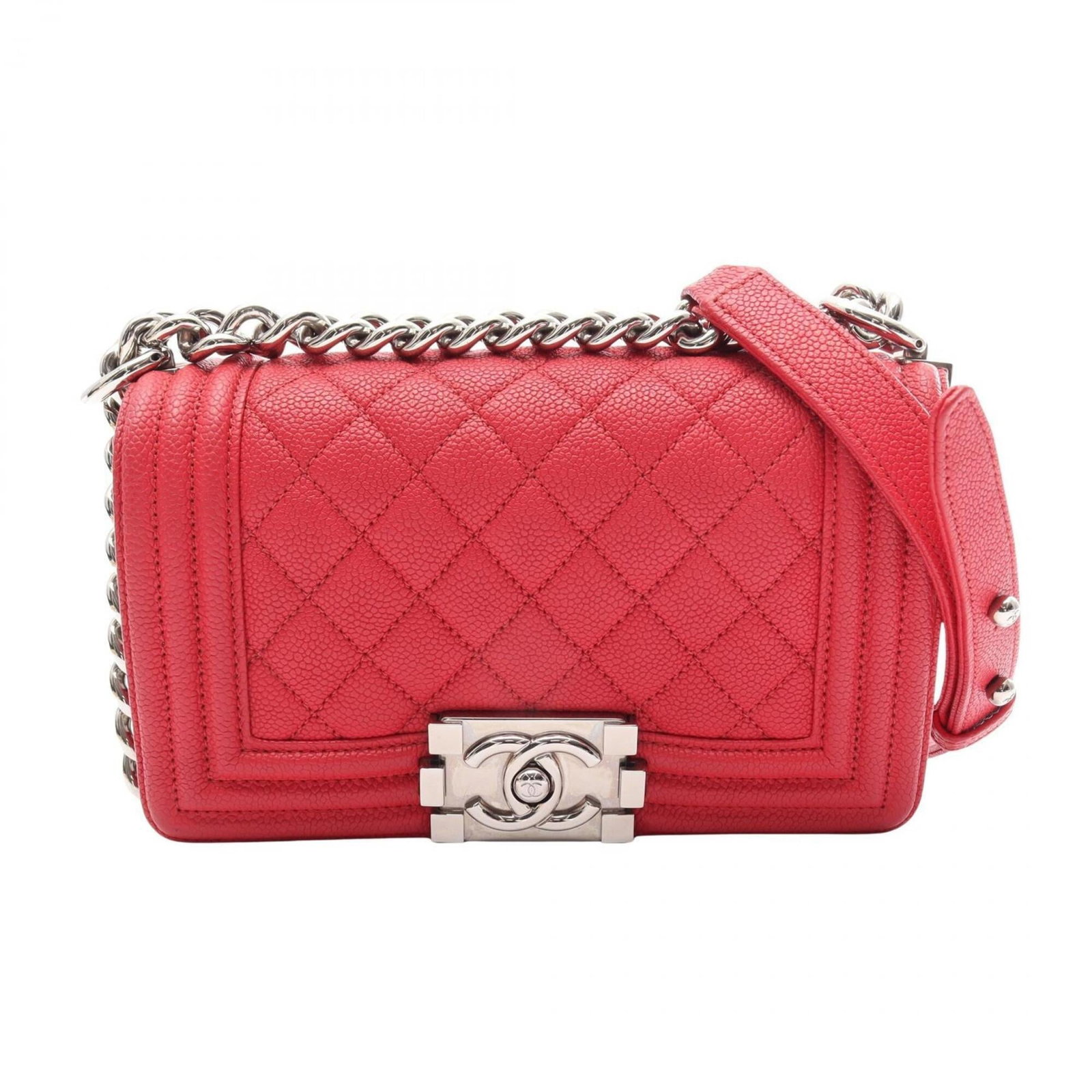 Calfskin handbag bag shoulder Chanel: Calfskin handbag bag shoulder Chanel Calfskin handbag bag shoulder Chanel features a striking red color and elegant silver hardware, crafted from high-quality grained calfskin. This stylish shoulder