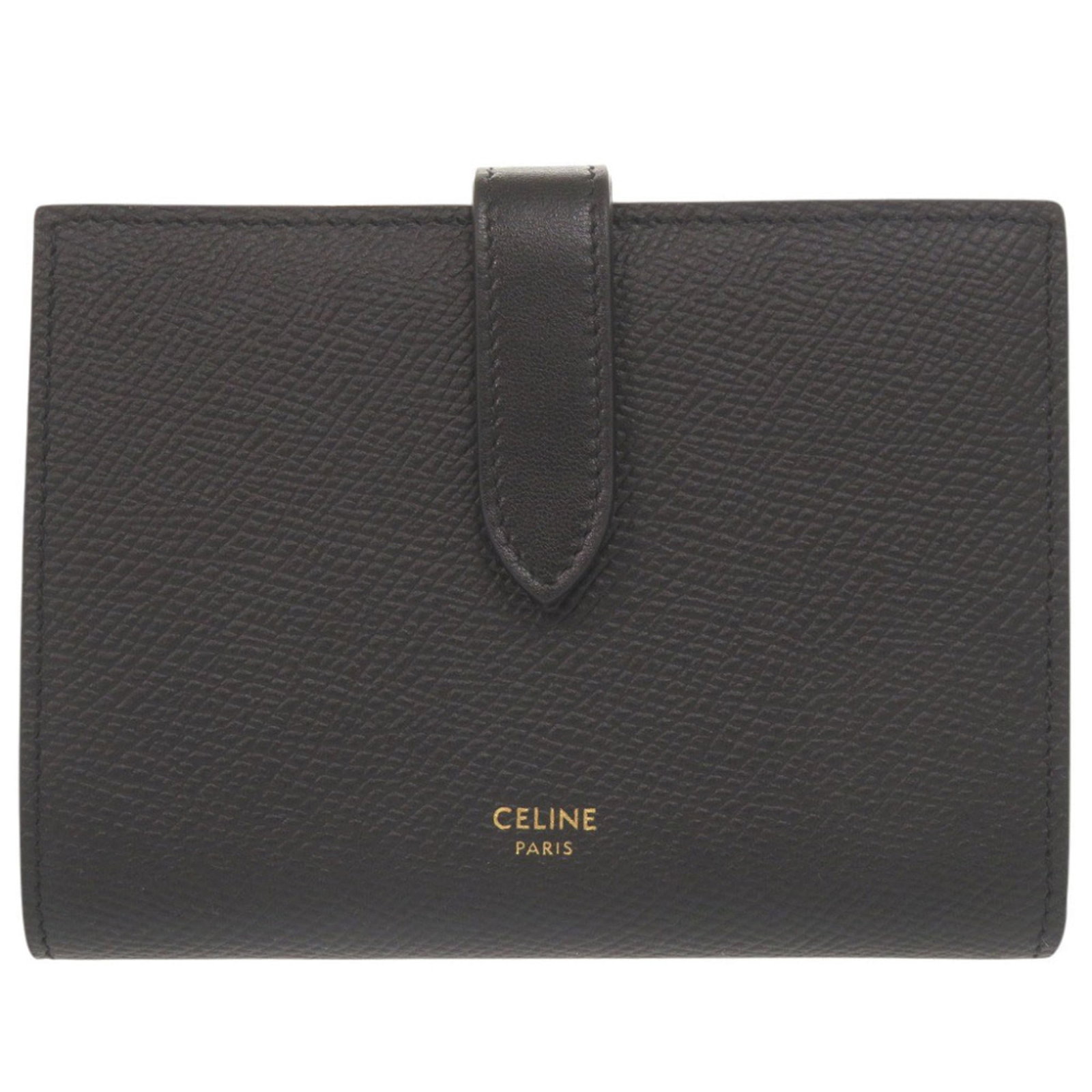 Leather Bi Fold Wallet: Leather Bi Fold Wallet The Celine Leather Bi Fold Wallet boasts sleek, all-black design and premium leather construction. Measuring 10cm x 14cm x 2cm, it provides a compact yet spacious storage