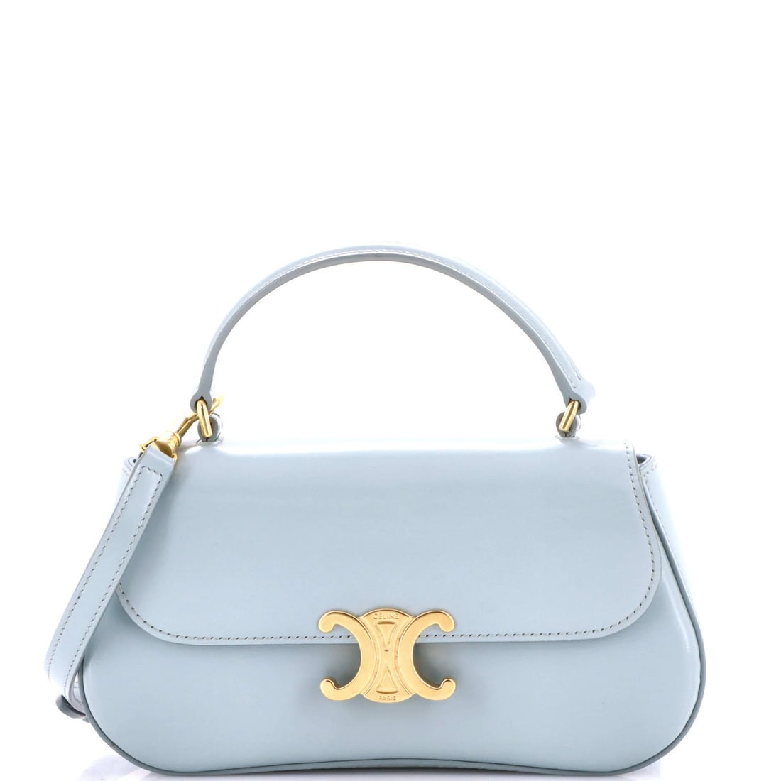 Celine Lola Triomphe Top Handle Bag Leather Teen: Celine Lola Triomphe Top Handle Bag Leather Teen The Celine Lola Triomphe Top Handle Bag Leather Teen boasts a stunning blue exterior with gold hardware, showcasing the perfect blend of style and