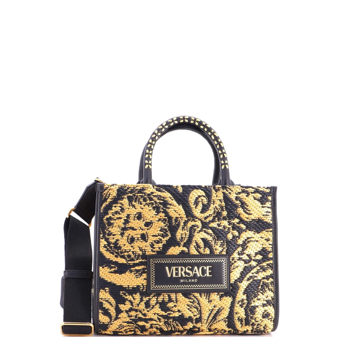 Barocco Raffia Athena Tote Small Versace: Barocco Raffia Athena Tote Small Versace Small Versace Barocco Raffia Athena Tote in Black with Gold Hardware, featuring exterior material made from raffia and interior fabric. This stylish tote measu