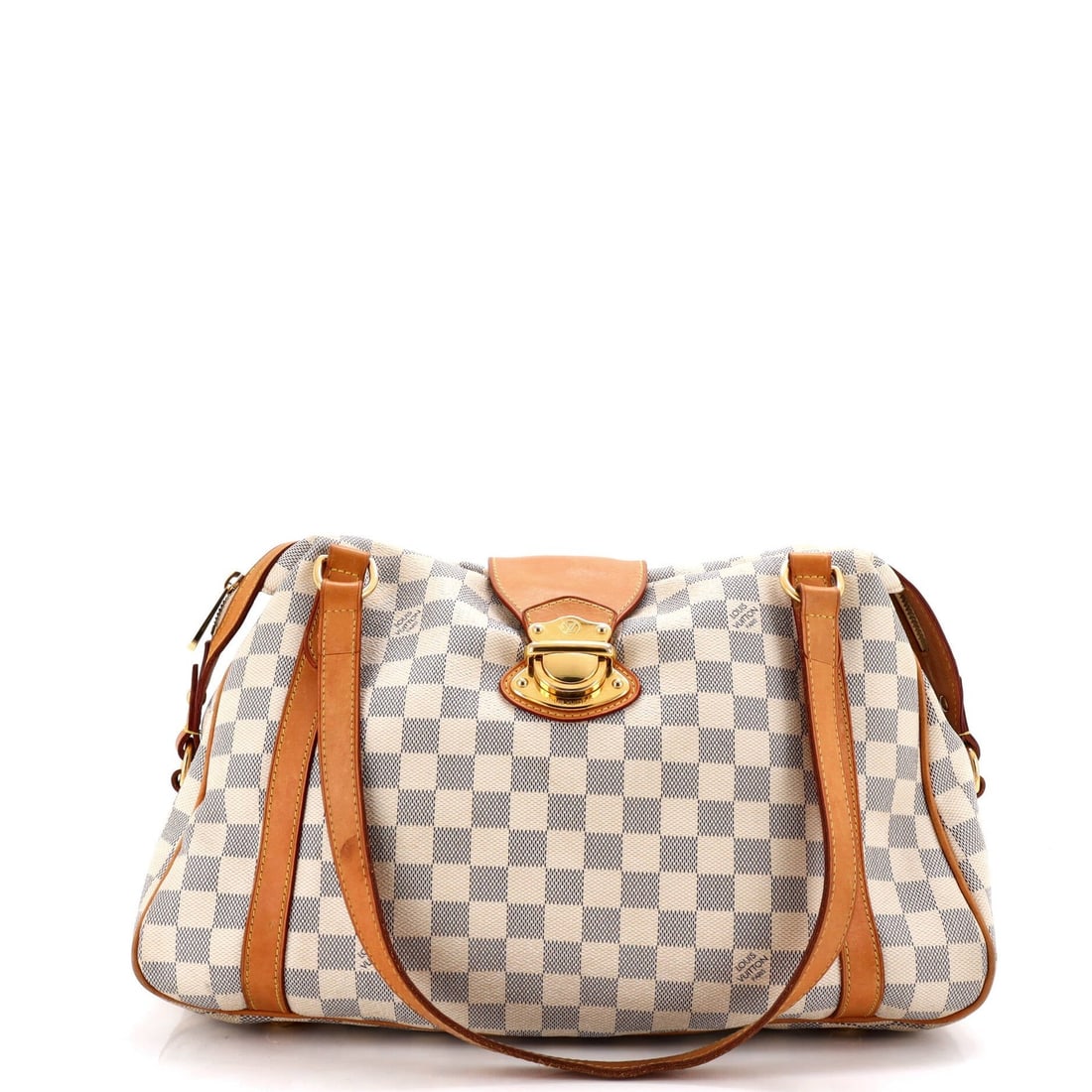 Louis Vuitton Damier Stresa Handbag: Louis Vuitton Damier Stresa Handbag The Louis Vuitton Damier Stresa Handbag boasts a crisp white canvas exterior with gold hardware, showcasing the iconic Damier PM pattern. Measuring 11" tall and
