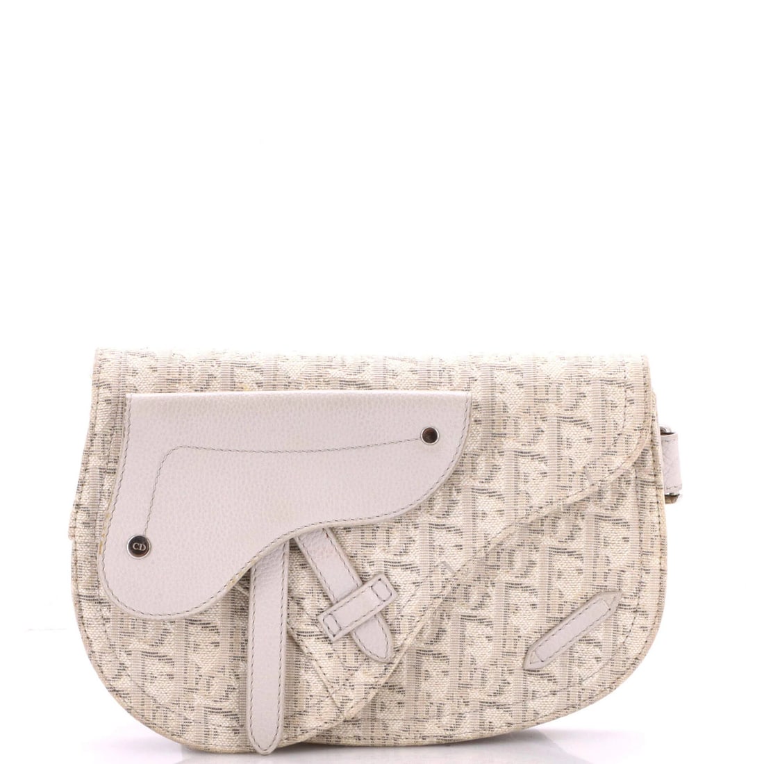 Saddle messenger pouch on oblique canvas by Christian Dior: Saddle messenger pouch on oblique canvas by Christian Dior Saddle messenger pouch on oblique canvas by Christian Dior features neutral exterior color and black interior, with silver hardware. The bag