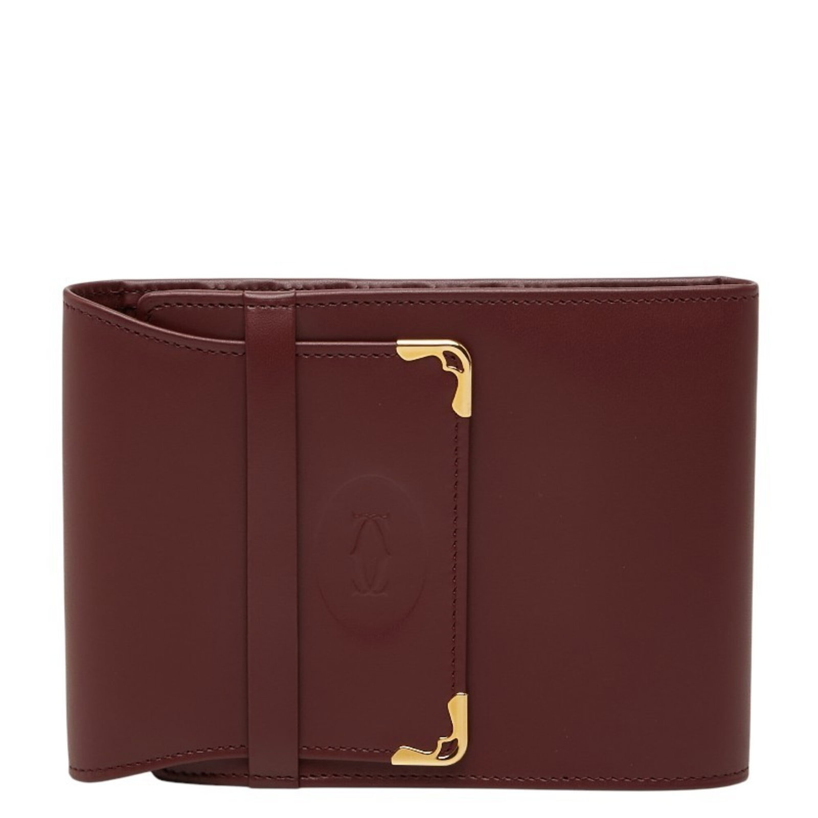 Cartier Wallet (Bi-Fold) Leather: Cartier Wallet (Bi-Fold) Leather Cartier's bi-fold leather wallet boasts elegant Bordeaux, Wine red hues in a sophisticated design. Its compact size and premium leather material make it a stylish acce