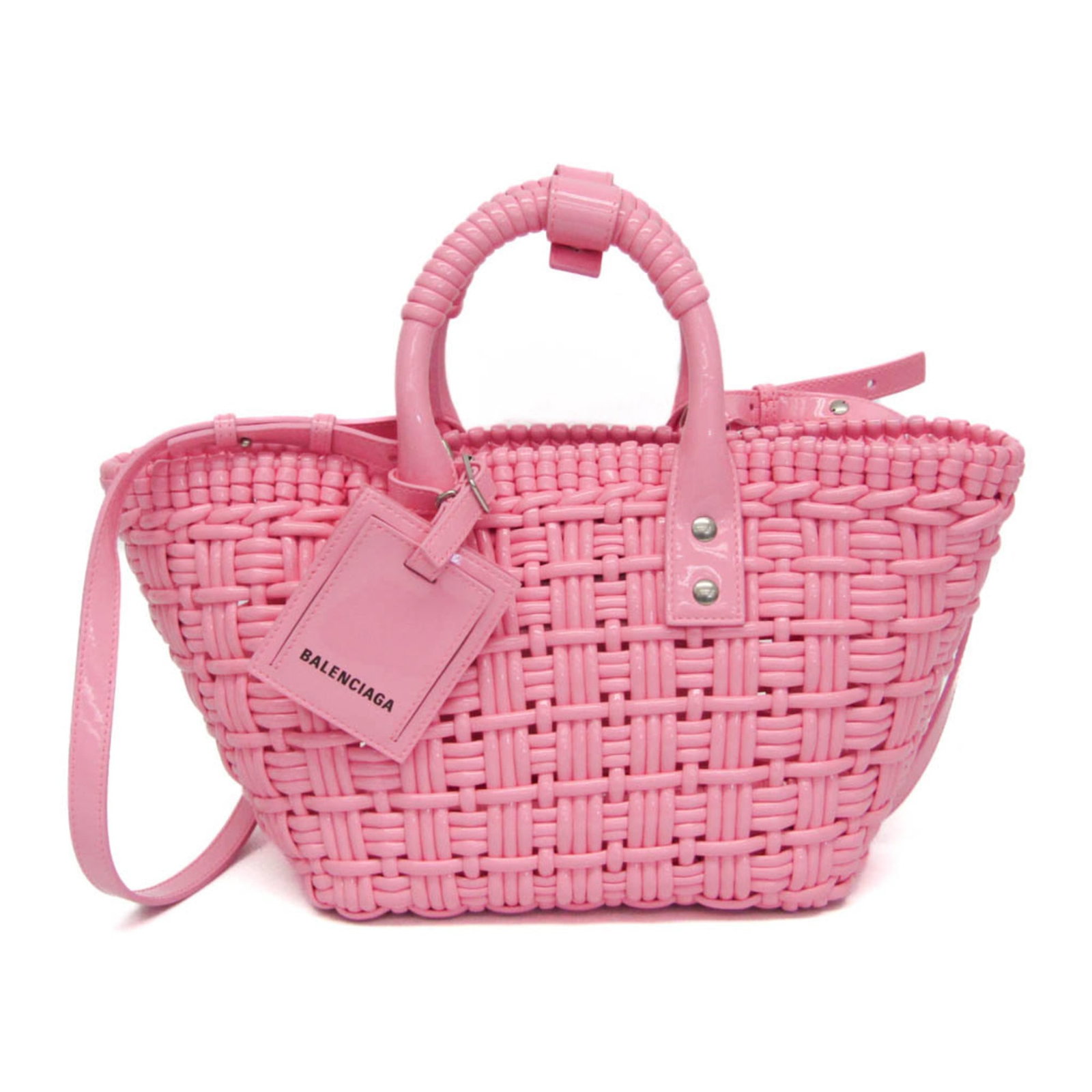 Balenciaga Handbag Shoulder Bag Leather: Balenciaga Handbag Shoulder Bag Leather This Balenciaga Bistro XS shoulder bag features a striking pink leather exterior with an enamel finish, showcasing the brand's signature style. With its spaciou