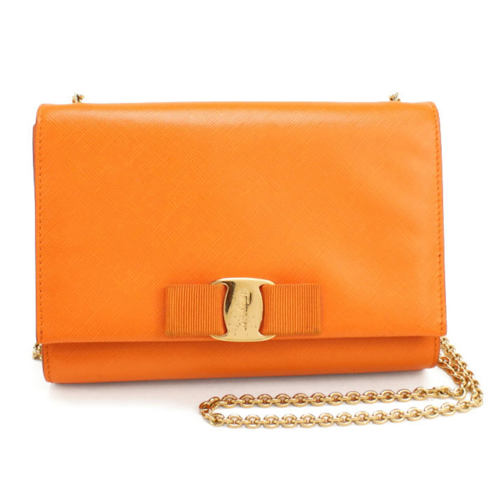 Shoulder bag leather by Salvatore Ferragamo: Shoulder bag leather by Salvatore Ferragamo This luxurious shoulder bag is crafted from high-quality calfskin leather, featuring a vibrant orange color and gold hardware. Measuring 14cm x 19cm x 4cm, 