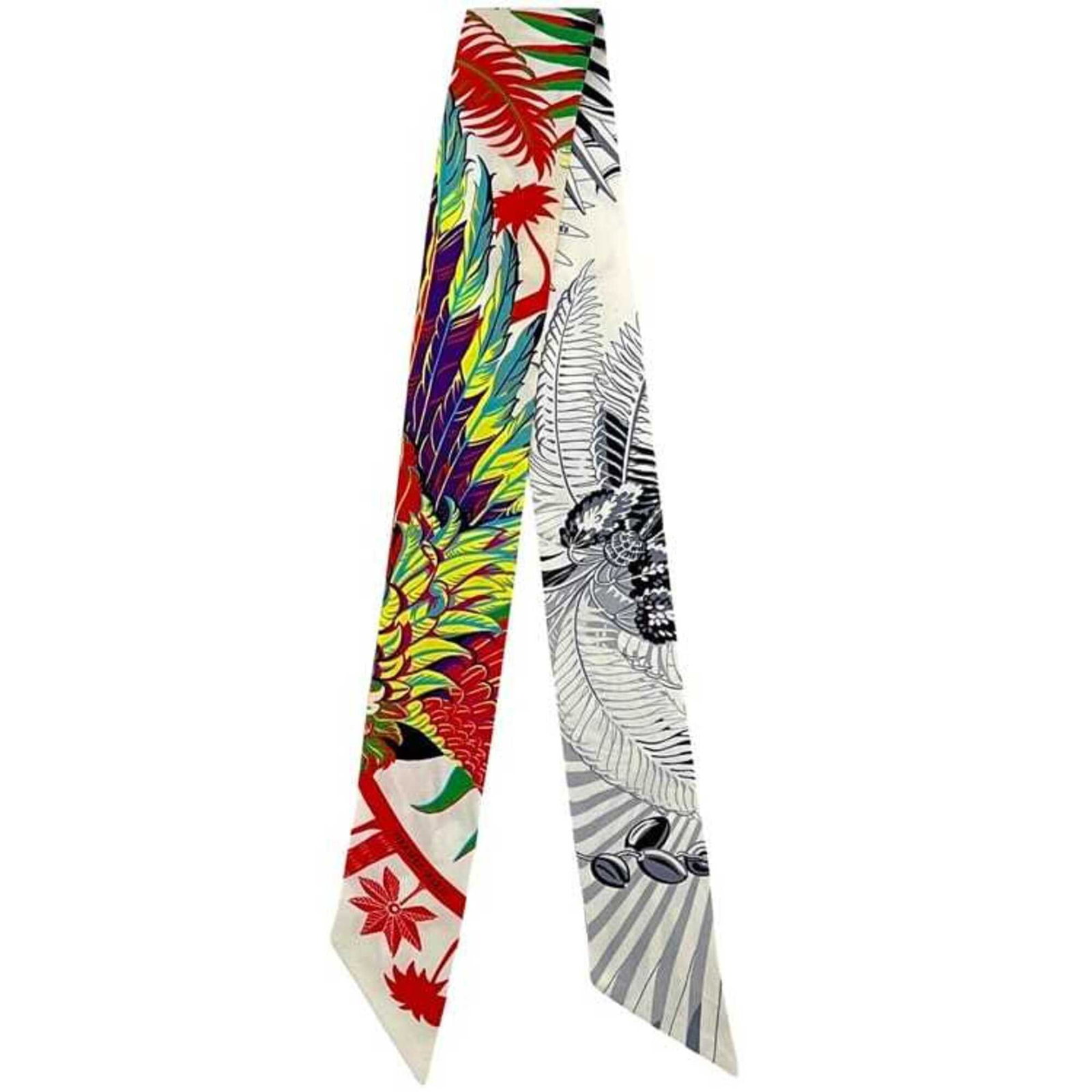 Silk Hermes Scarf 100%: Silk Hermes Scarf 100% Silk from the iconic French fashion house, this Twilly scarf boasts vibrant multi-colors and elegant white accents. Made from 100% silk, its slender 5cm width adds a touch of so