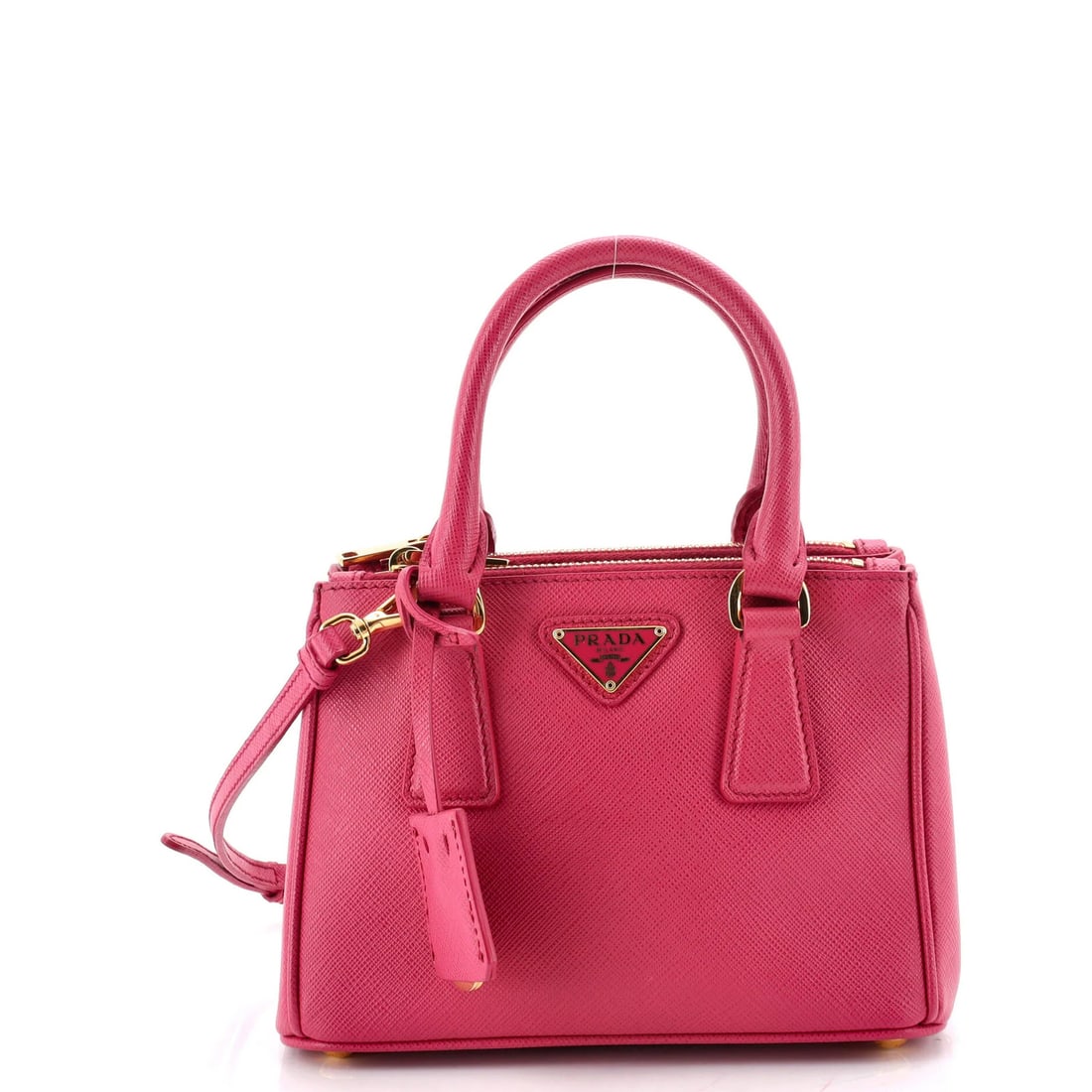 Saffiano Leather Double Zip Tote Prada Galleria Mini: Saffiano Leather Double Zip Tote Prada Galleria Mini Pink Saffiano Leather Mini Cross Body Bag with Double Zip from Prada's Galleria Collection, featuring a stylish poignet clochette and adjustable st