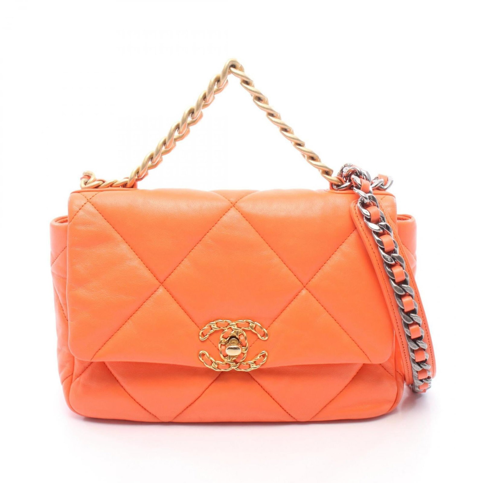 Chanel Handbag Shoulder Bag Leather: Chanel Handbag Shoulder Bag Leather The Chanel MPN AS1160 Shoulder Bag Leather features a vibrant orange leather exterior, measuring 17cm x 25cm x 8cm. Bearer of the iconic brand's signature craftsman